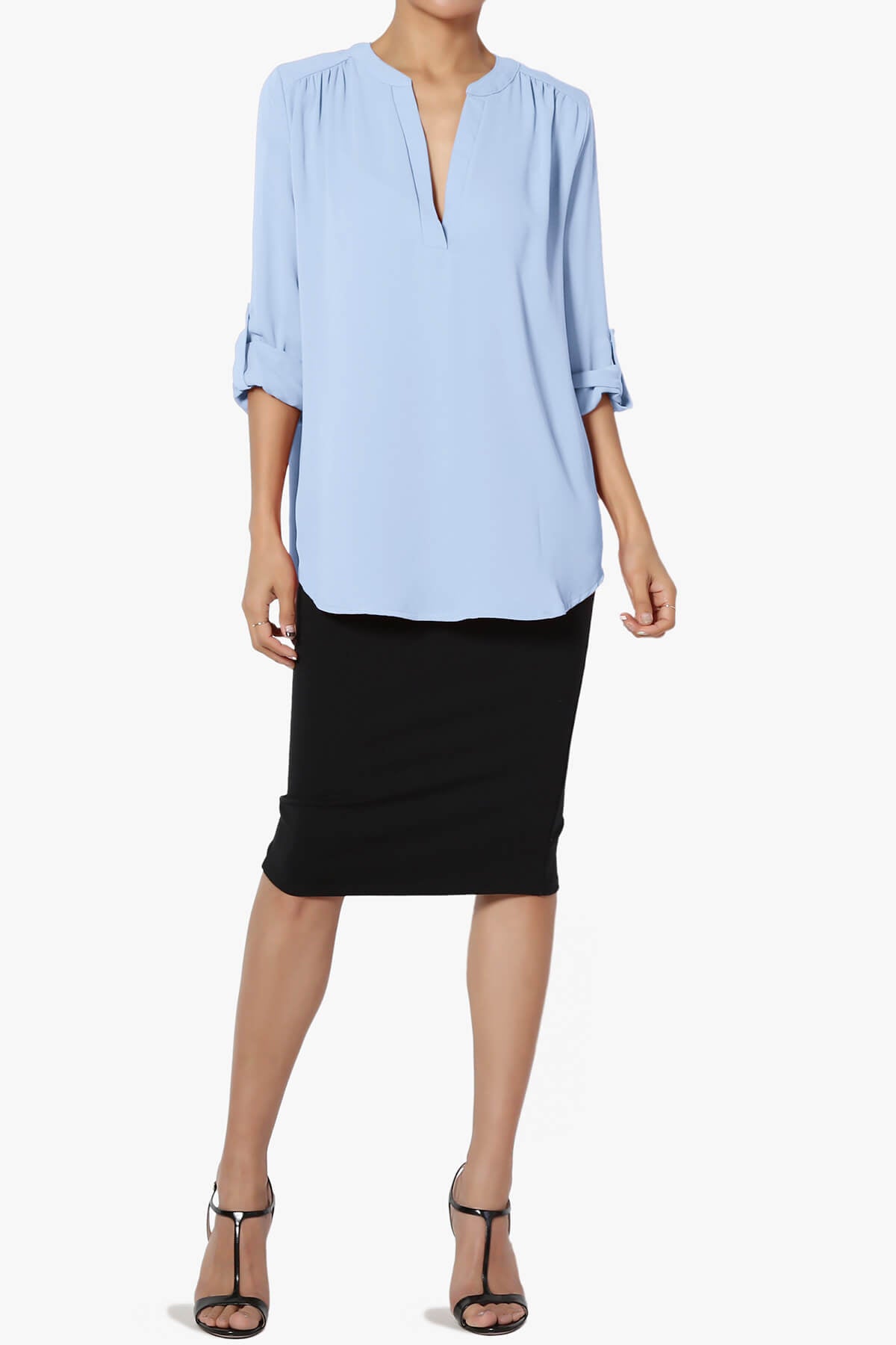 Alia Shirred Split Neck Blouse LIGHT BLUE_6