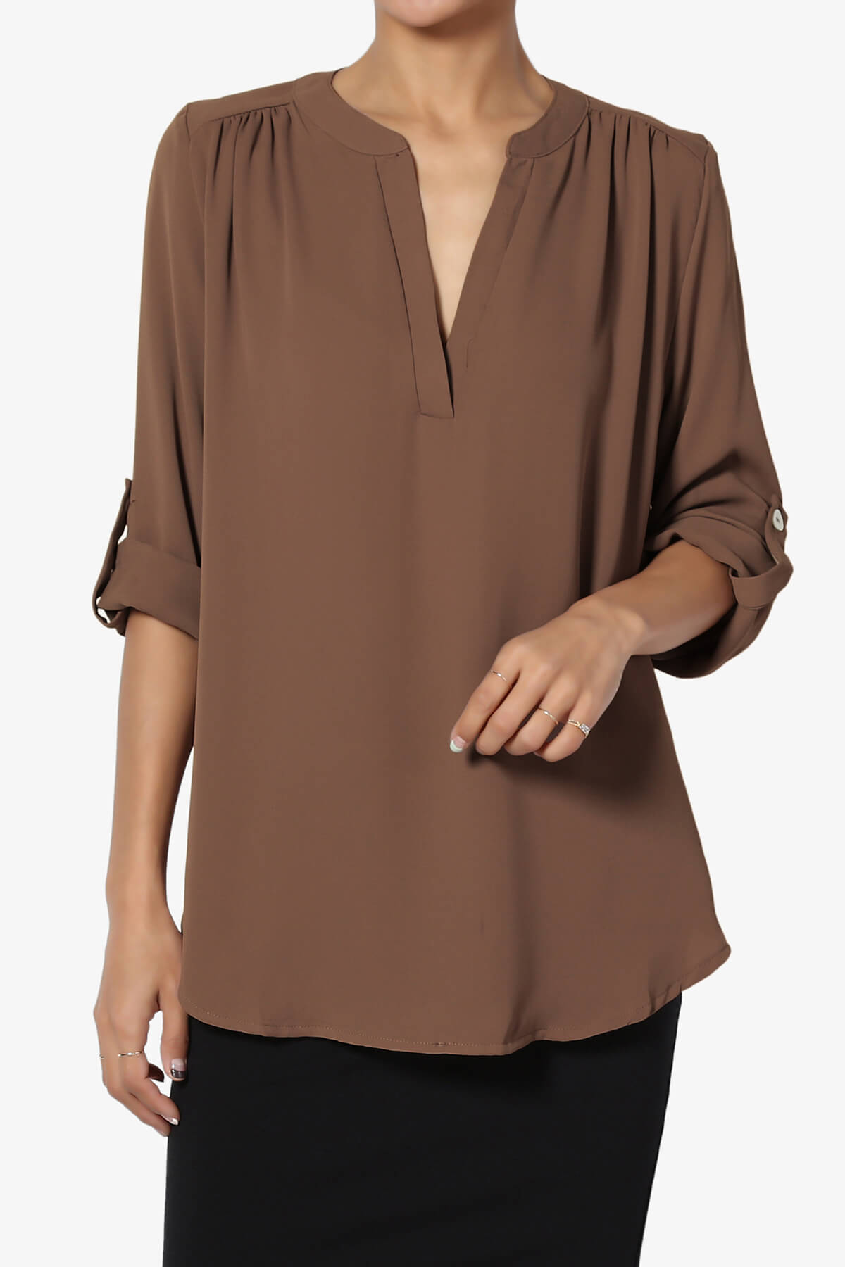 Alia Shirred Split Neck Blouse LIGHT BROWN_1