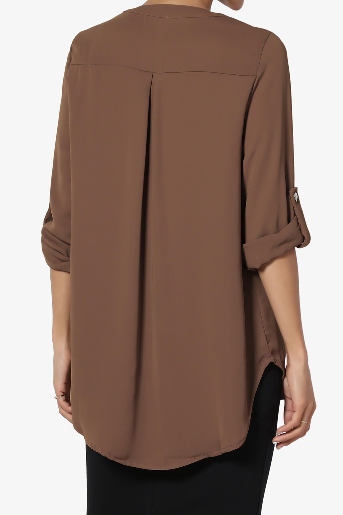 Alia Shirred Split Neck Blouse LIGHT BROWN_2