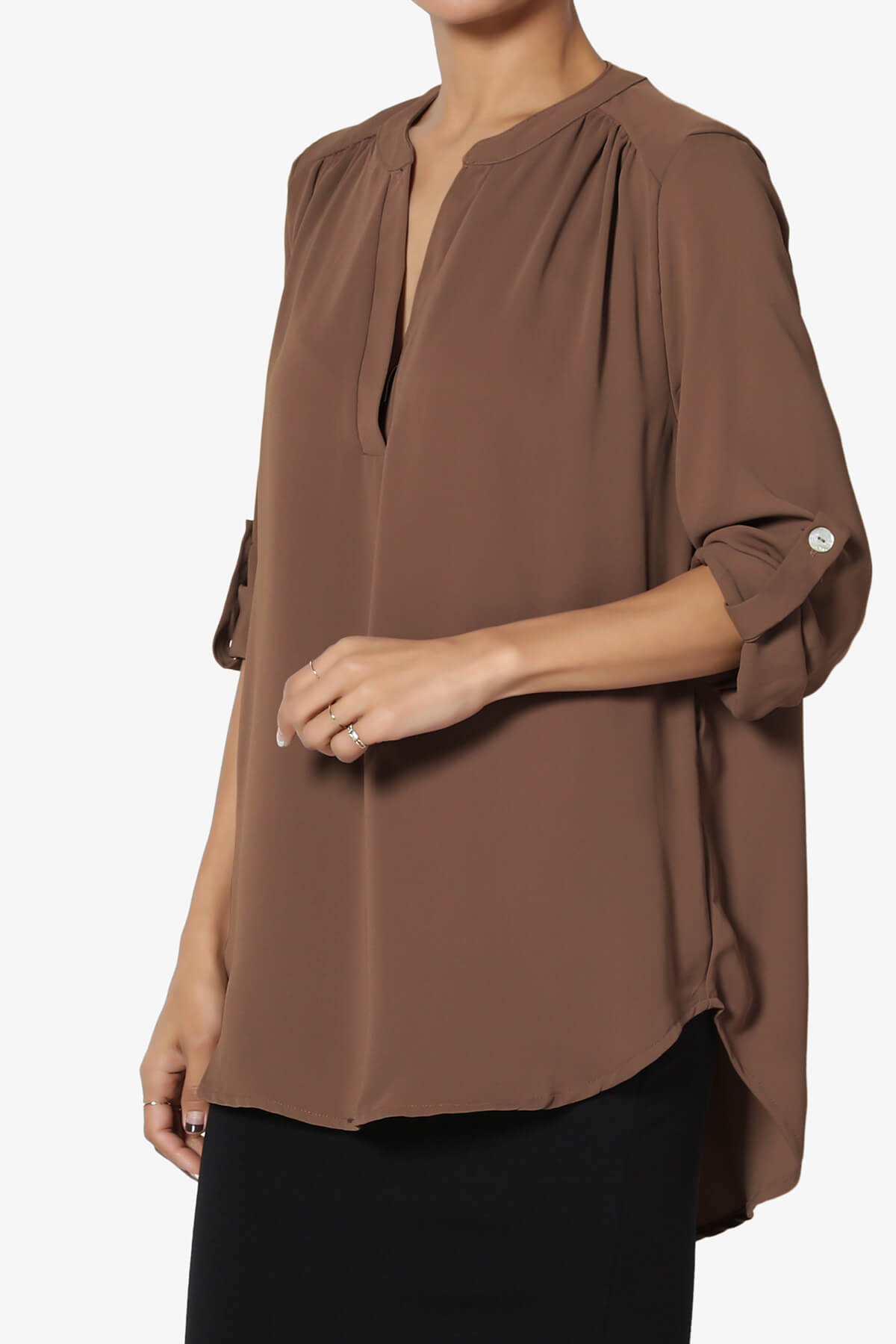 Alia Shirred Split Neck Blouse LIGHT BROWN_3