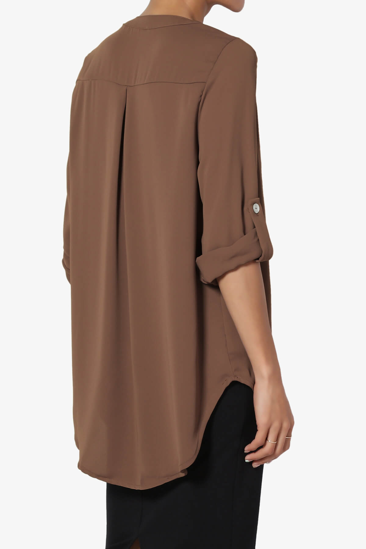 Alia Shirred Split Neck Blouse LIGHT BROWN_4