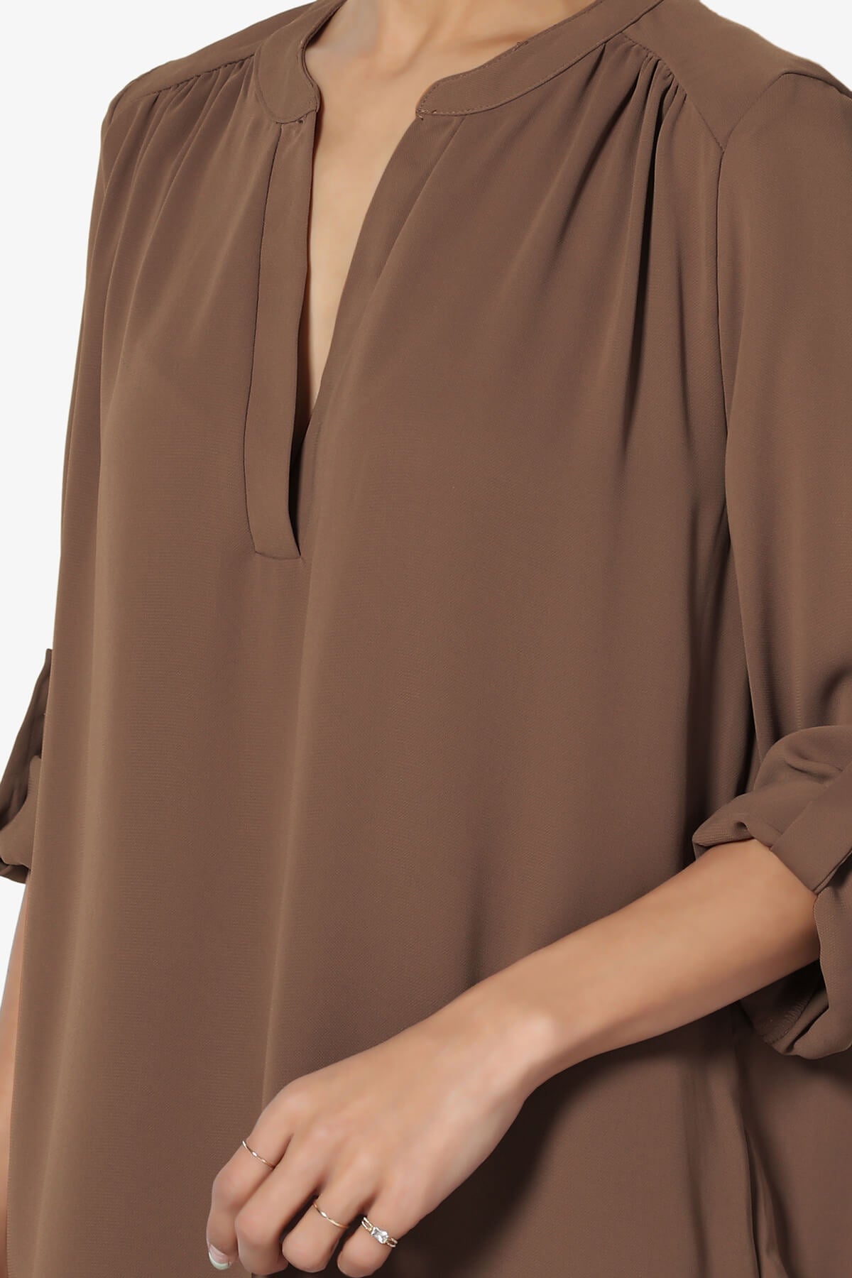 Alia Shirred Split Neck Blouse LIGHT BROWN_5