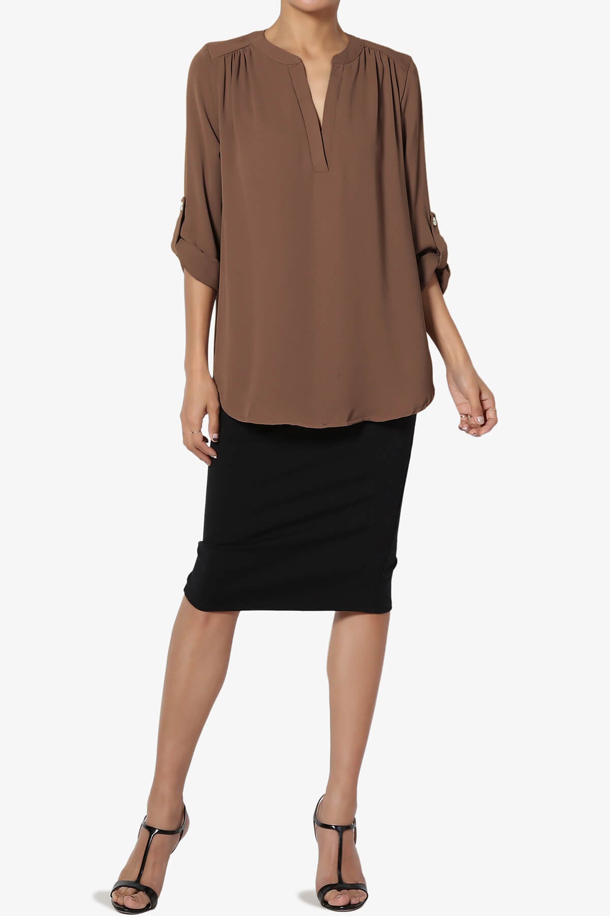 Alia Shirred Split Neck Blouse LIGHT BROWN_6