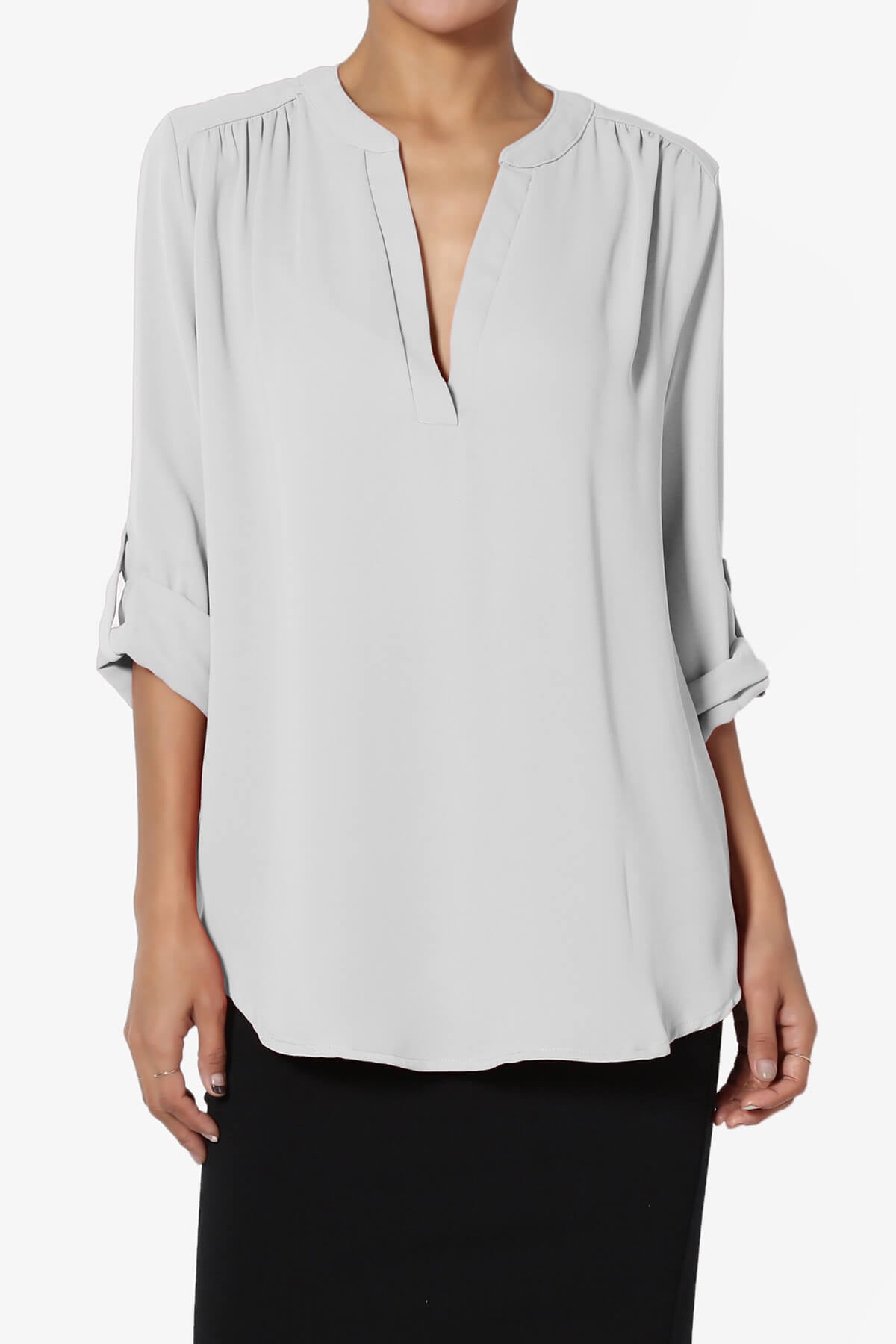 Alia Shirred Split Neck Blouse LIGHT GREY_1