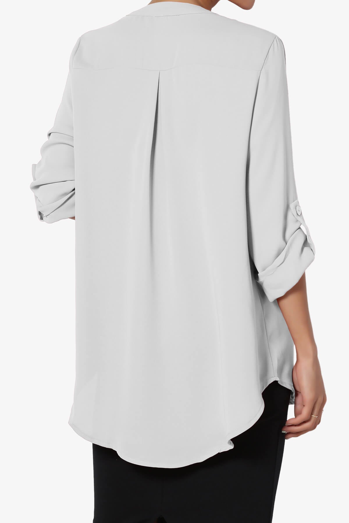 Alia Shirred Split Neck Blouse LIGHT GREY_2