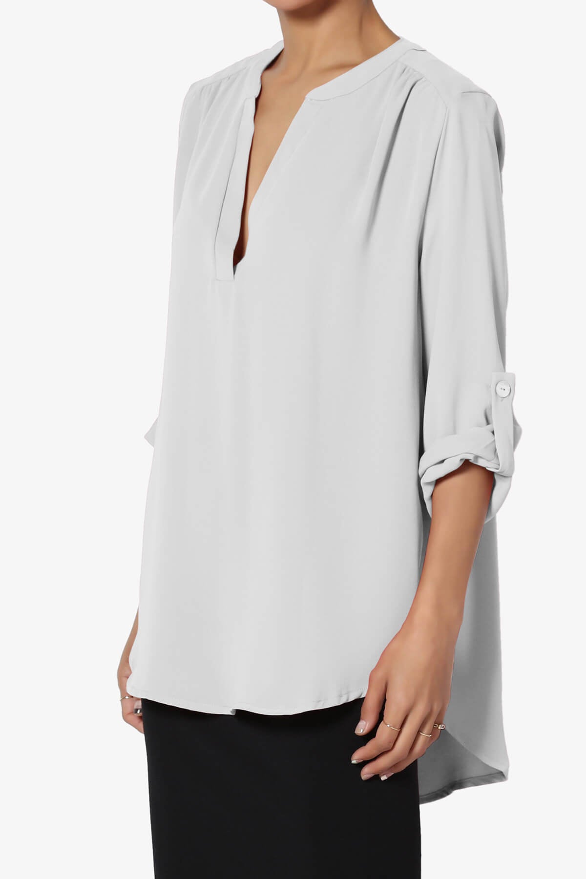 Alia Shirred Split Neck Blouse LIGHT GREY_3