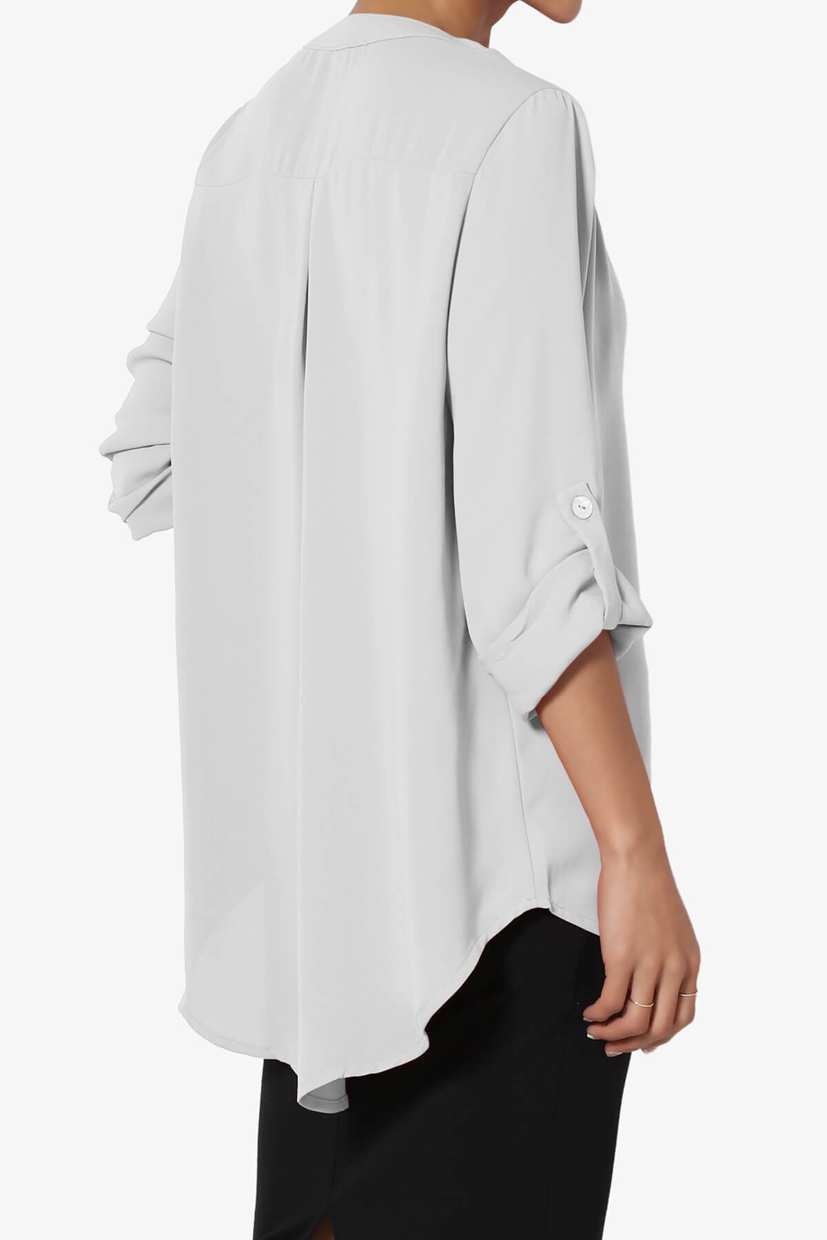 Alia Shirred Split Neck Blouse LIGHT GREY_4