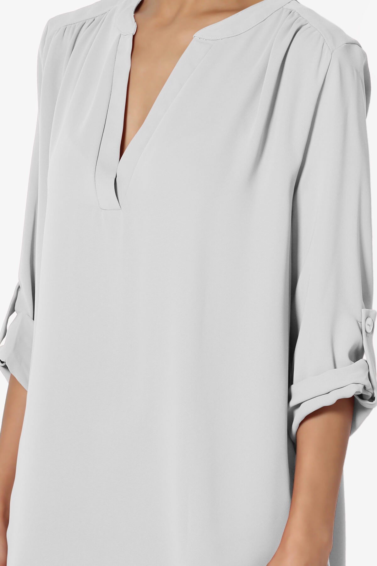 Alia Shirred Split Neck Blouse LIGHT GREY_5