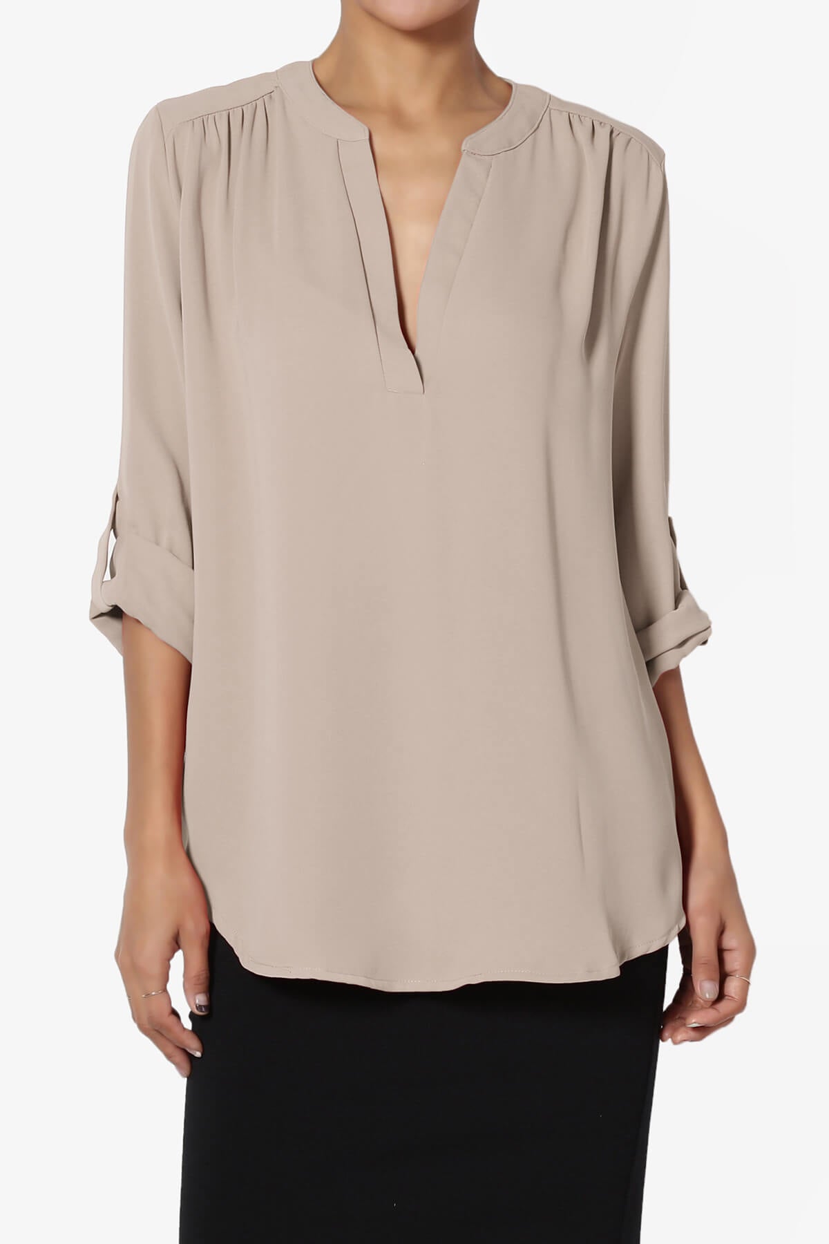 Alia Shirred Split Neck Blouse LIGHT MOCHA_1
