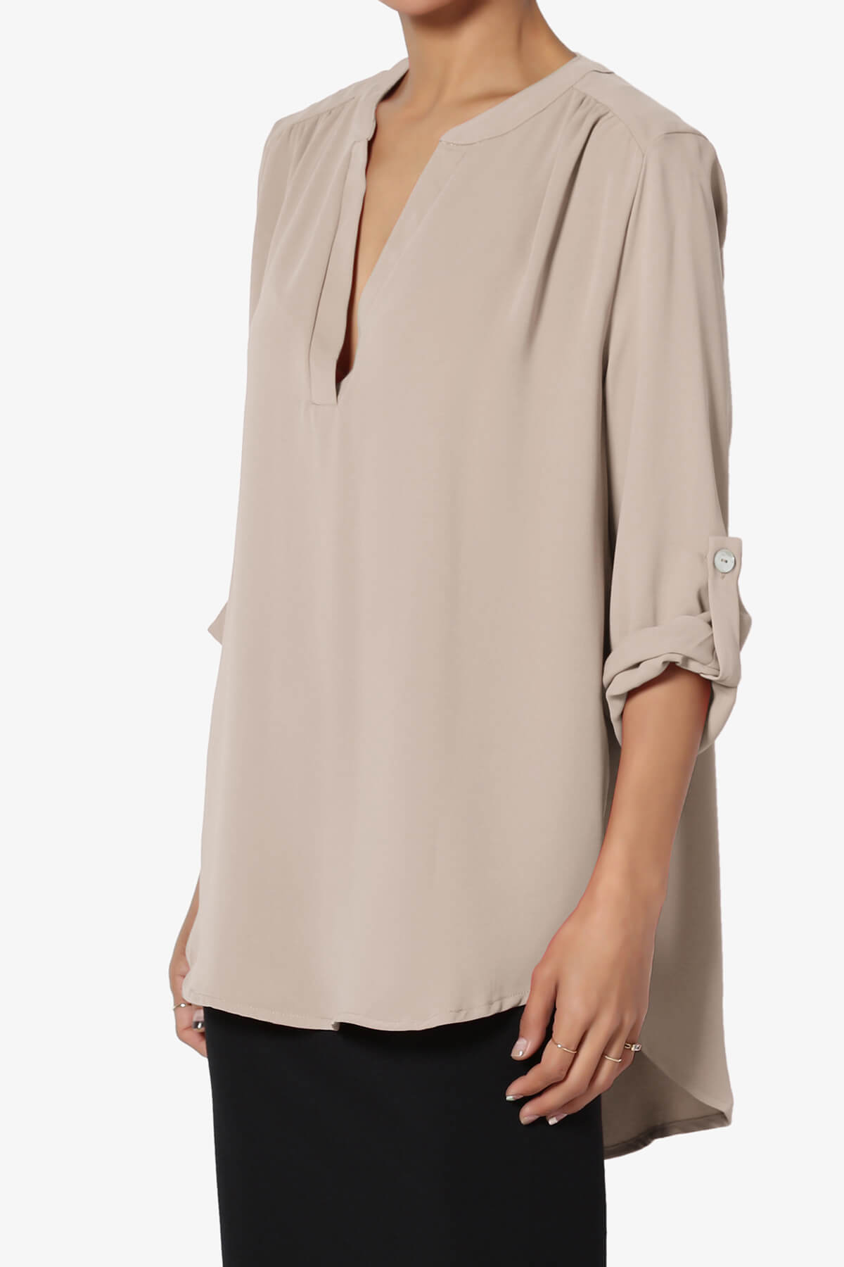 Alia Shirred Split Neck Blouse LIGHT MOCHA_3