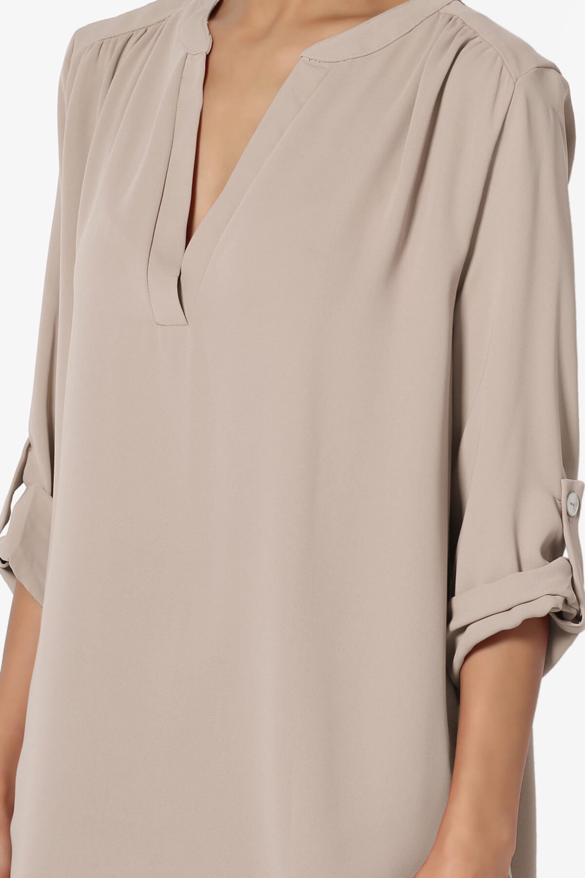 Alia Shirred Split Neck Blouse LIGHT MOCHA_5