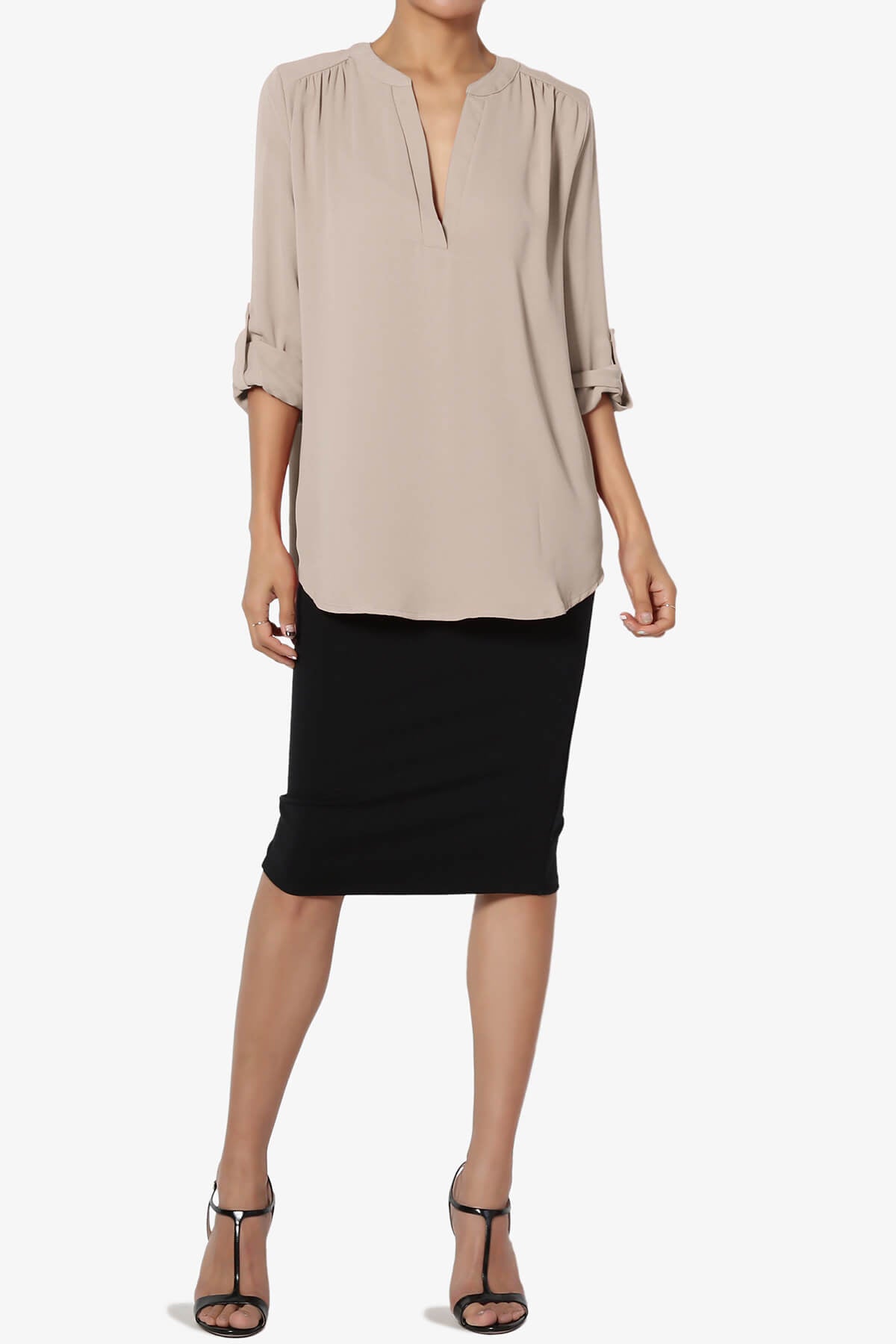 Alia Shirred Split Neck Blouse LIGHT MOCHA_6