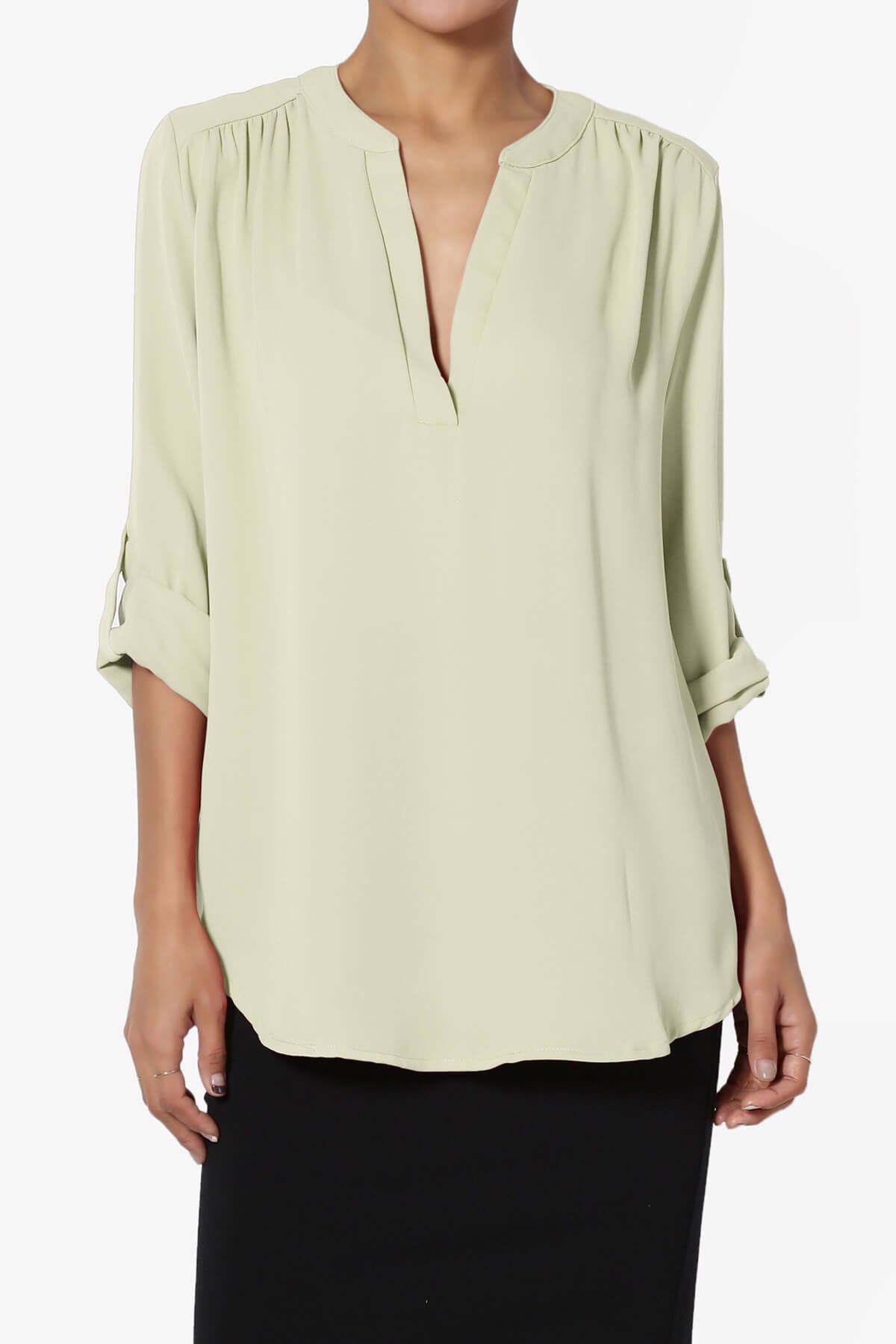 Alia Shirred Split Neck Blouse LIGHT SAGE_1