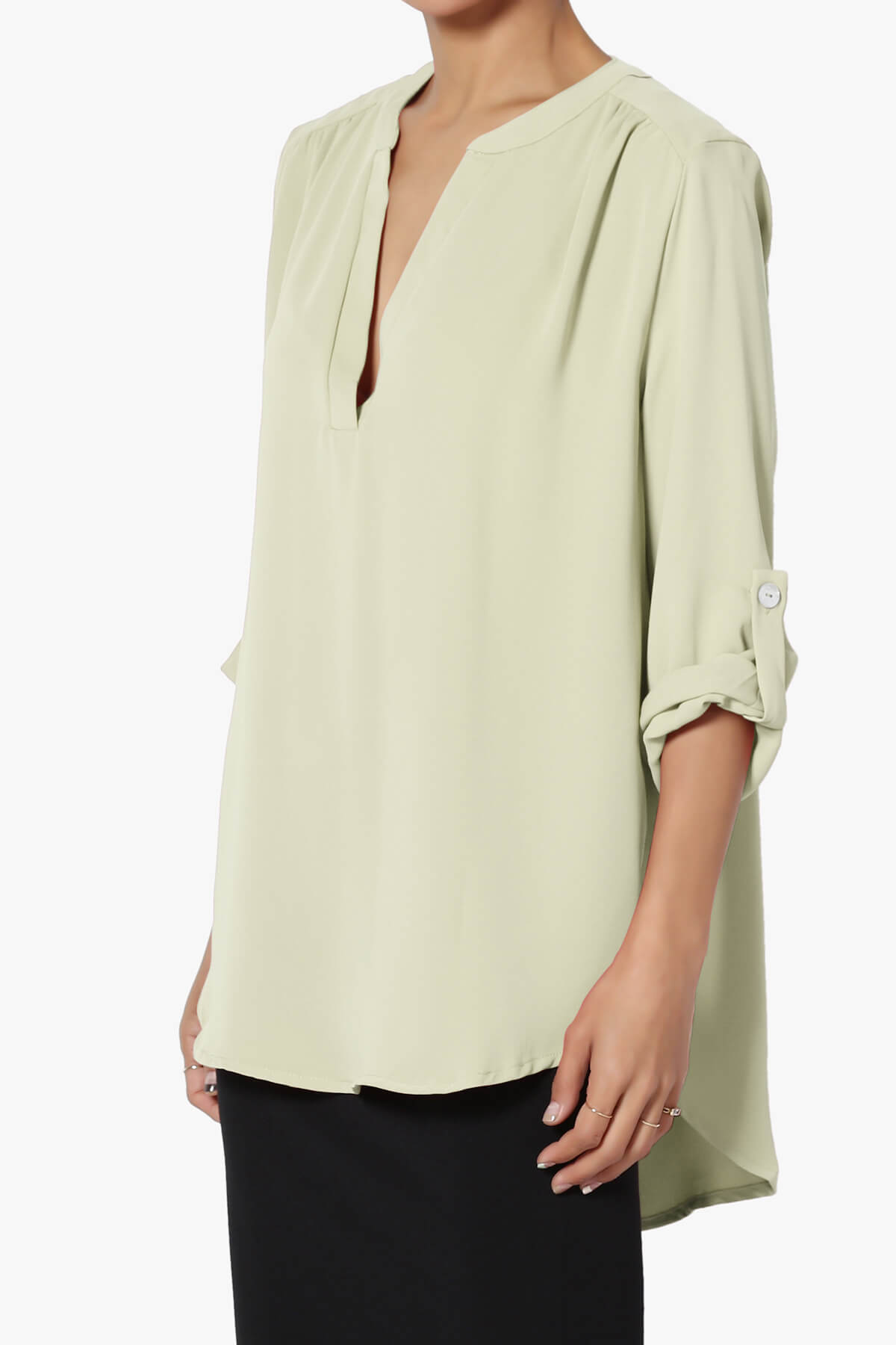 Alia Shirred Split Neck Blouse LIGHT SAGE_3