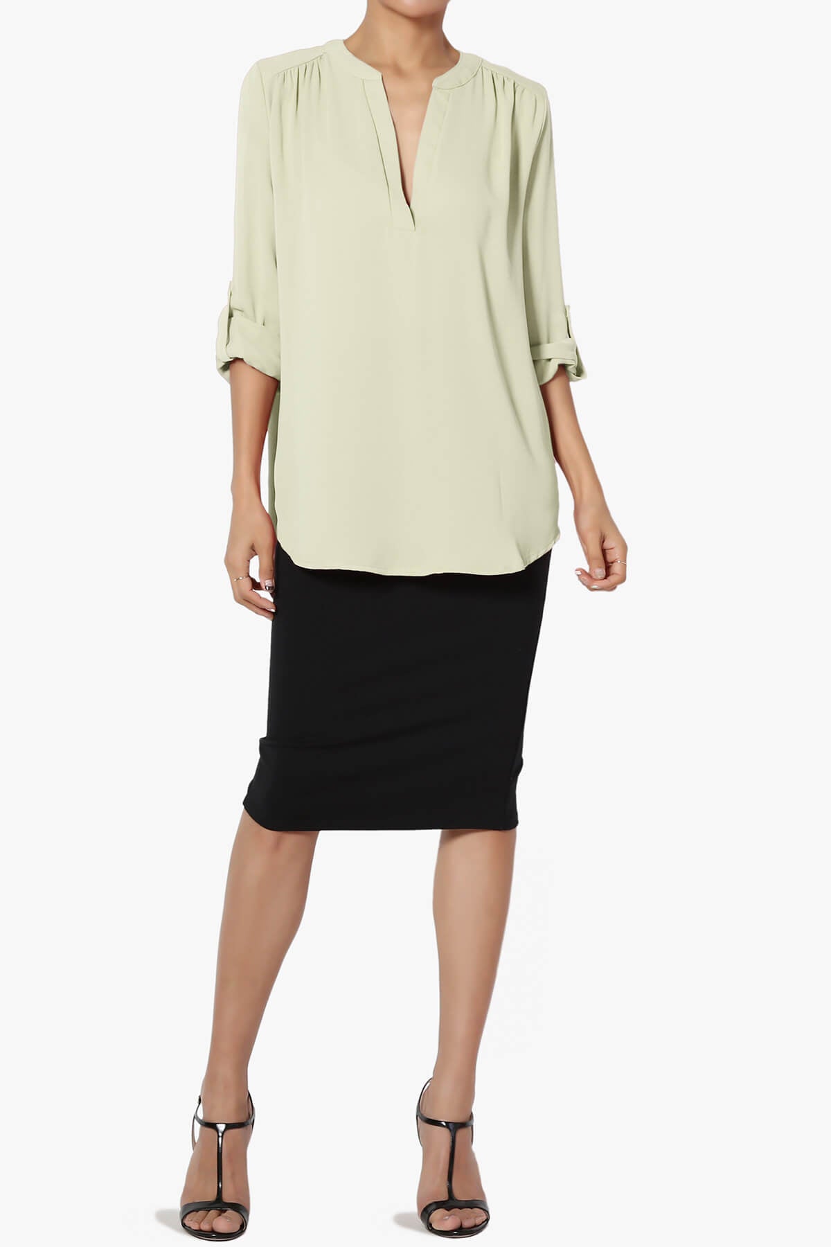 Alia Shirred Split Neck Blouse LIGHT SAGE_6