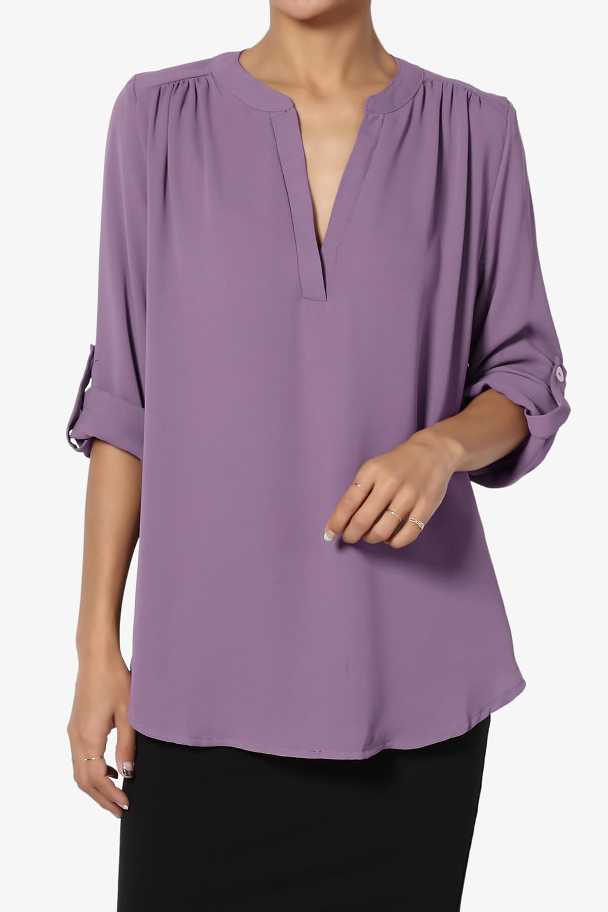 Alia Shirred Split Neck Blouse LILAC GREY_1