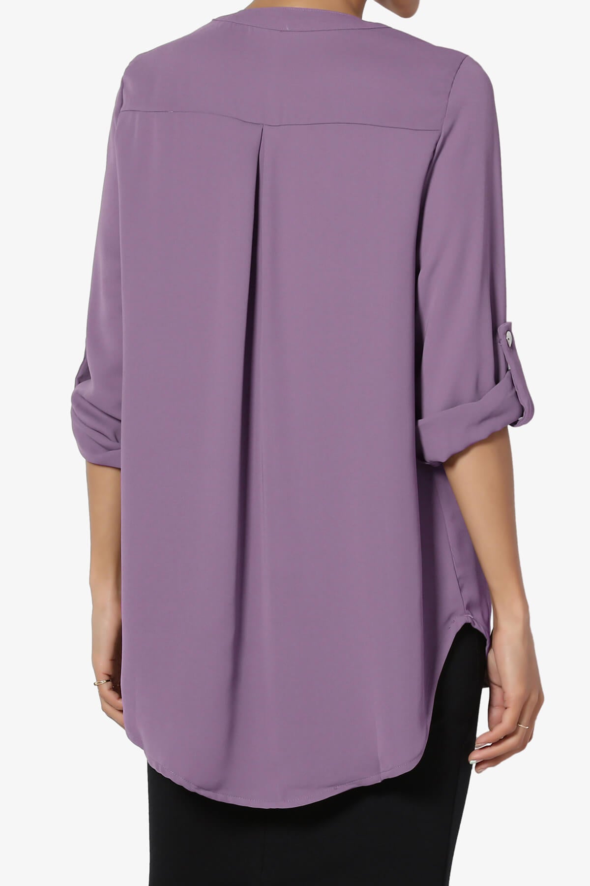 Alia Shirred Split Neck Blouse LILAC GREY_2