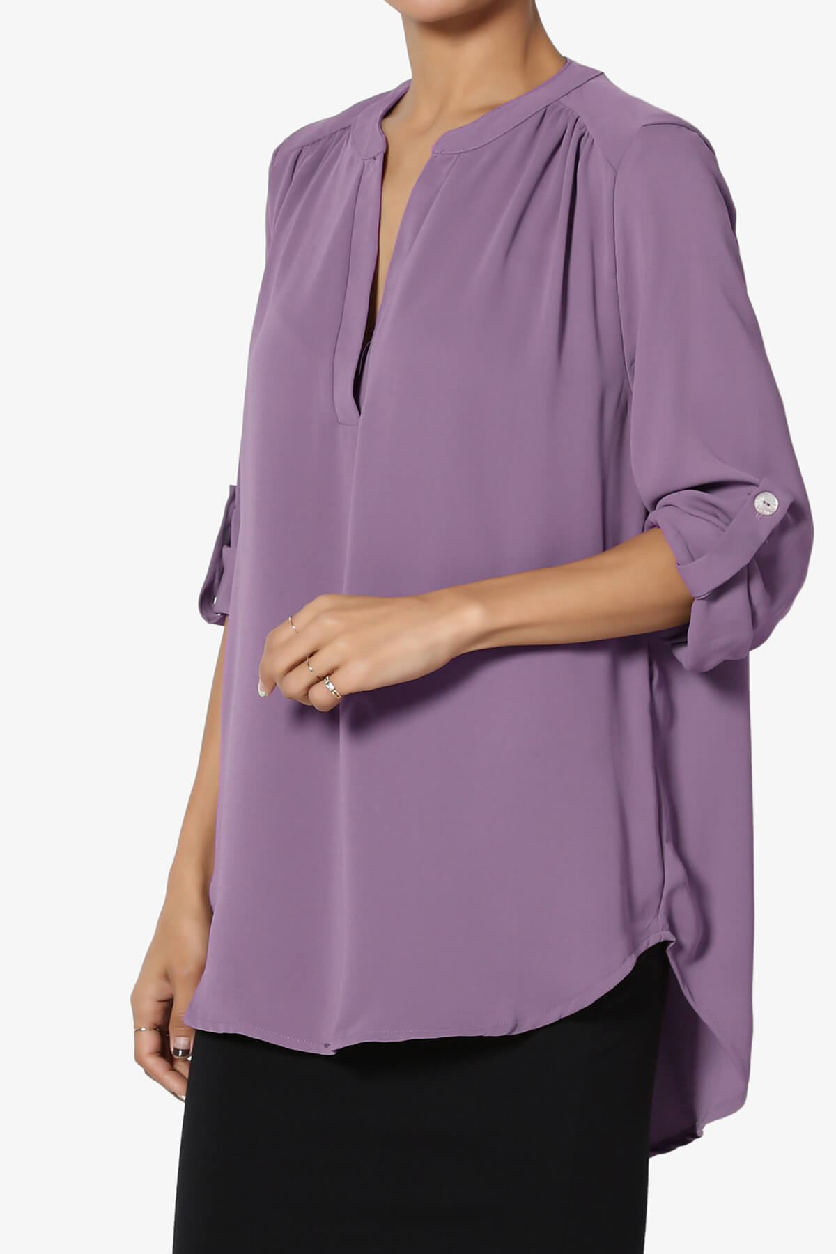 Alia Shirred Split Neck Blouse LILAC GREY_3