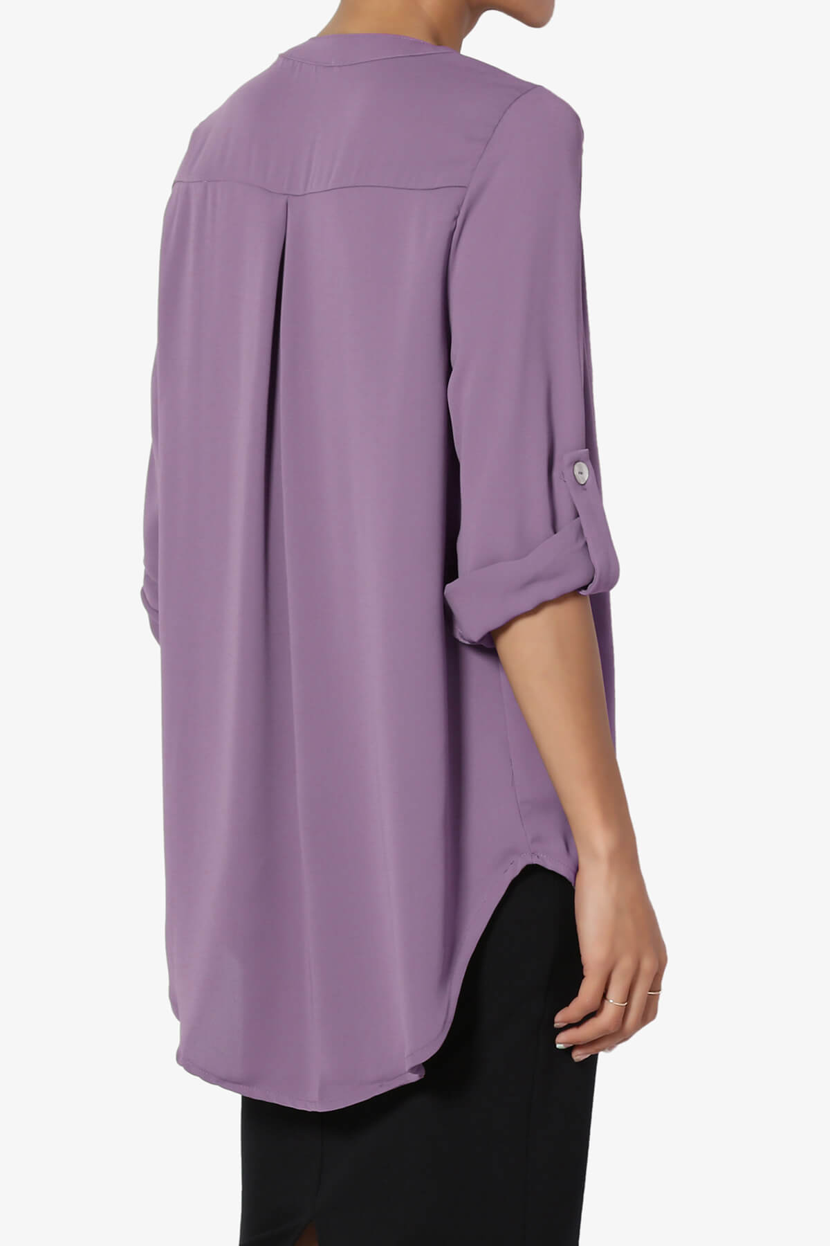 Alia Shirred Split Neck Blouse LILAC GREY_4