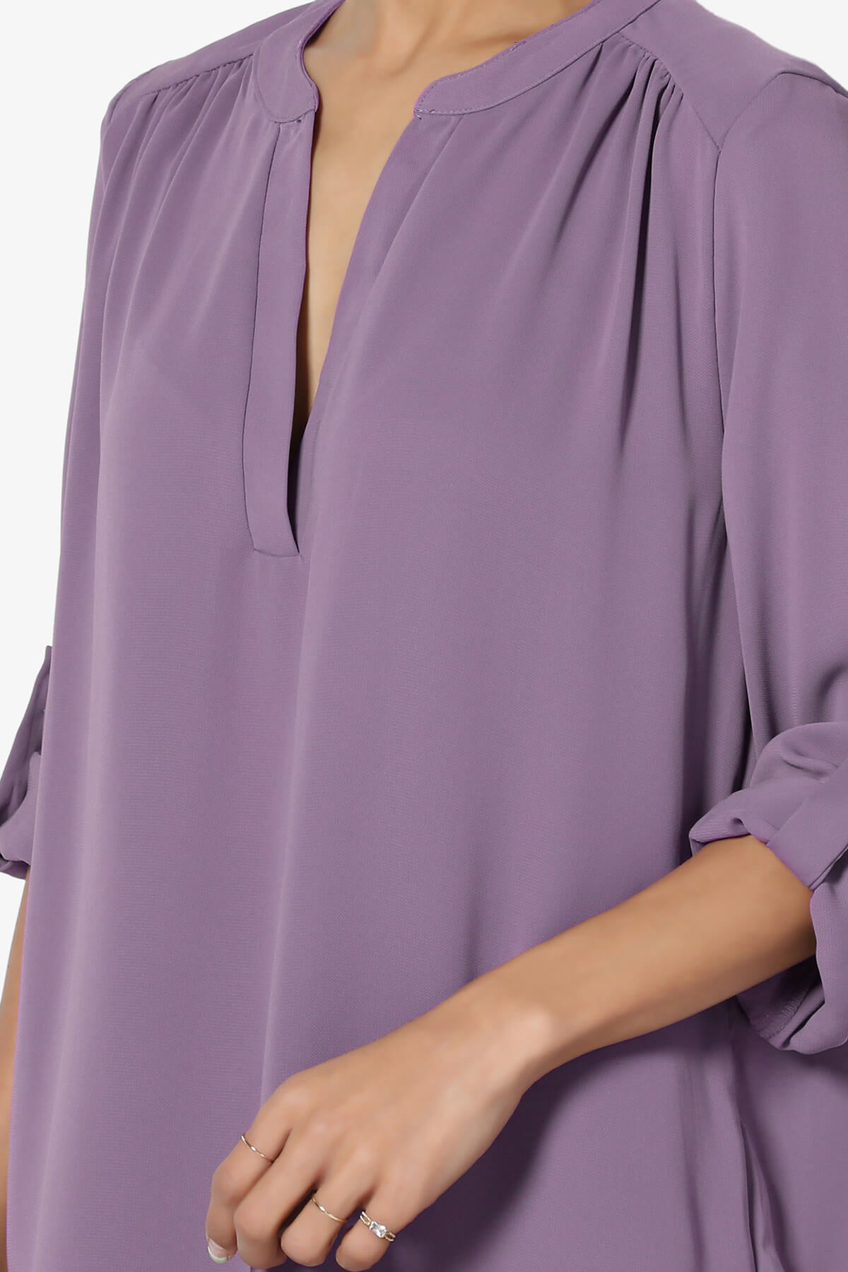 Alia Shirred Split Neck Blouse LILAC GREY_5