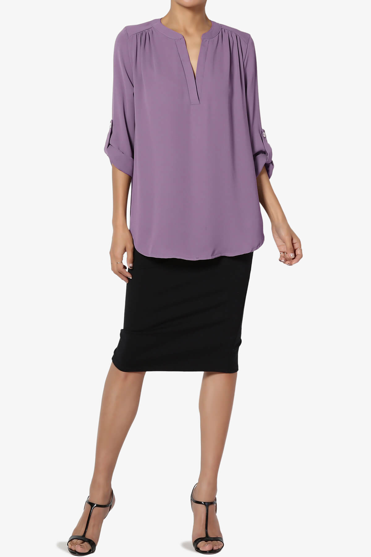 Alia Shirred Split Neck Blouse LILAC GREY_6