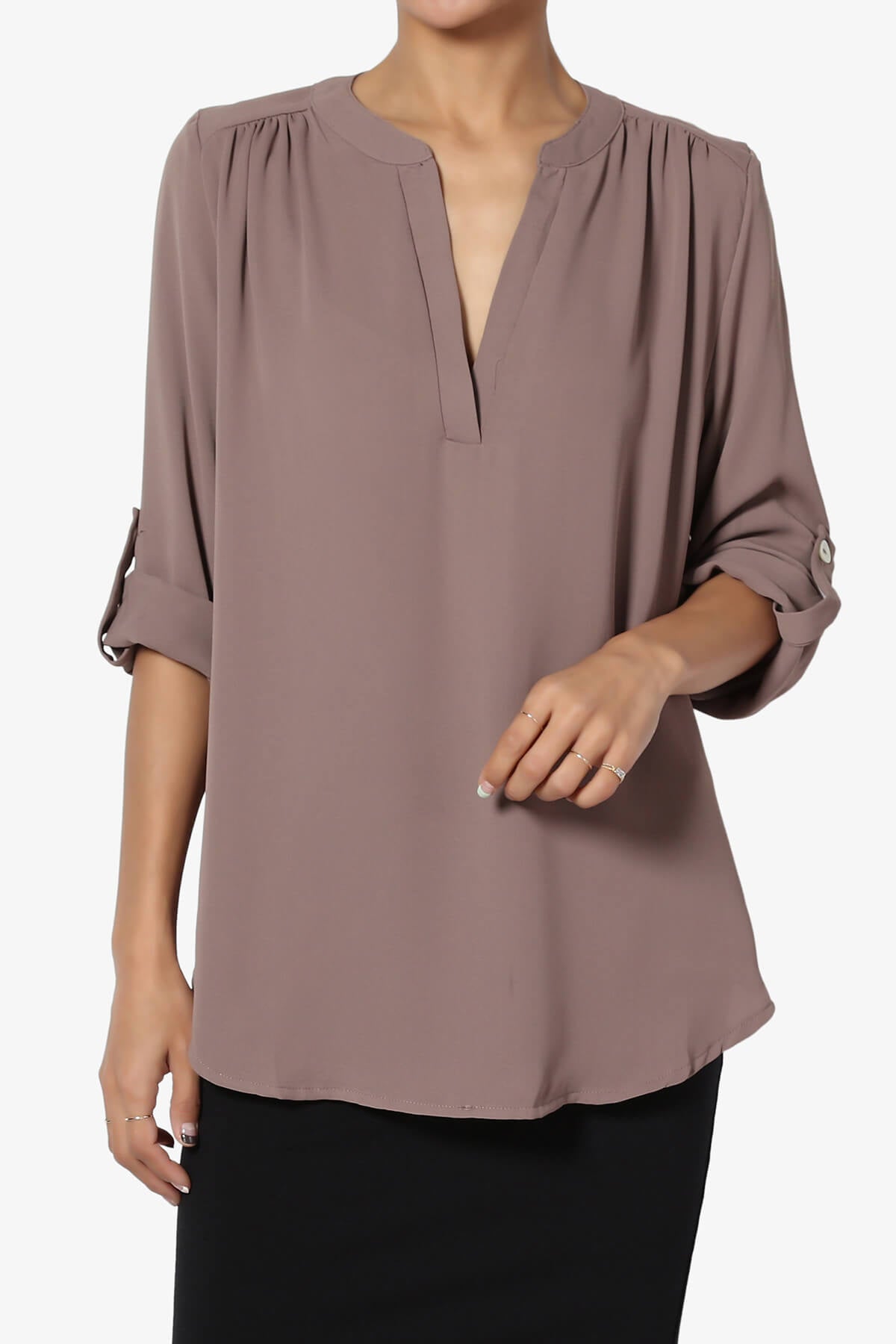 Alia Shirred Split Neck Blouse MOCHA_1
