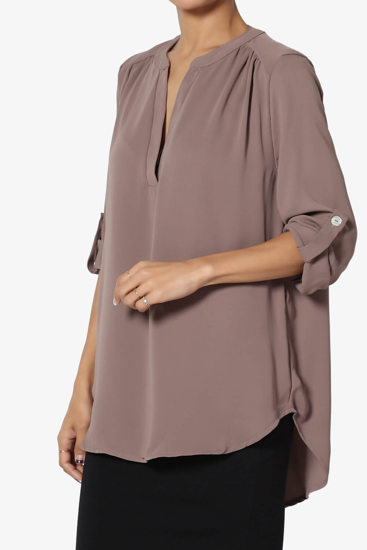 Alia Shirred Split Neck Blouse MOCHA_3