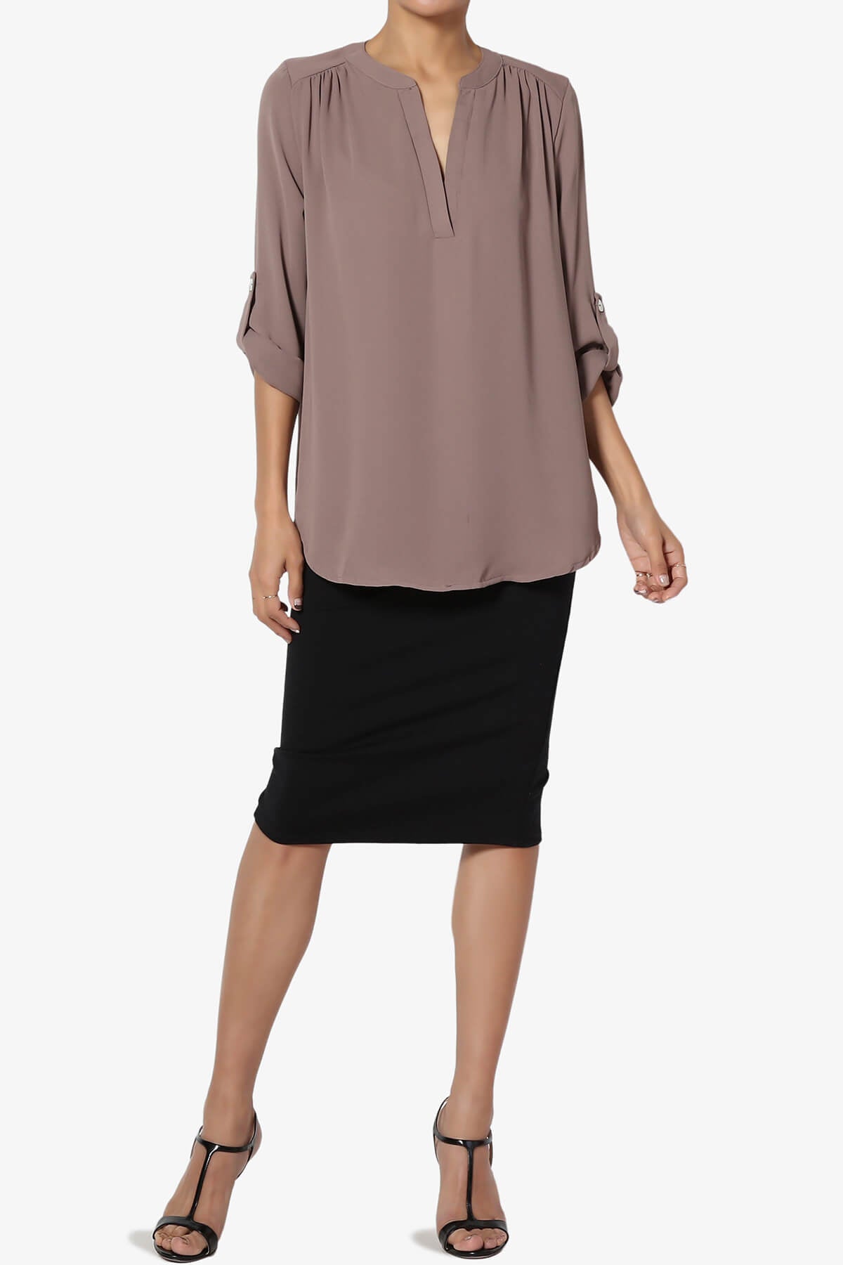 Alia Shirred Split Neck Blouse MOCHA_6