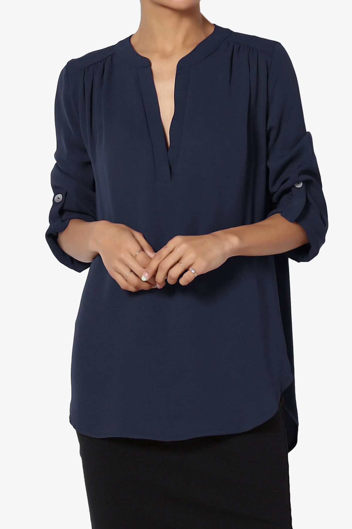 Alia Shirred Split Neck Blouse NAVY_1