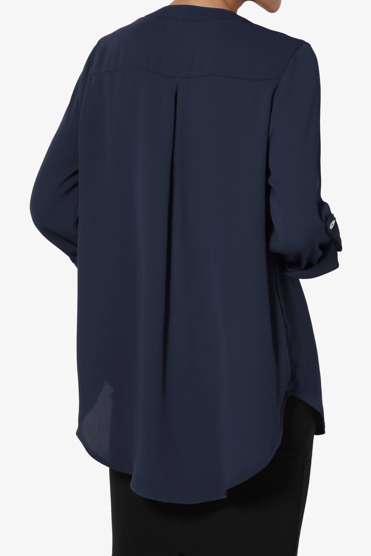 Alia Shirred Split Neck Blouse NAVY_2