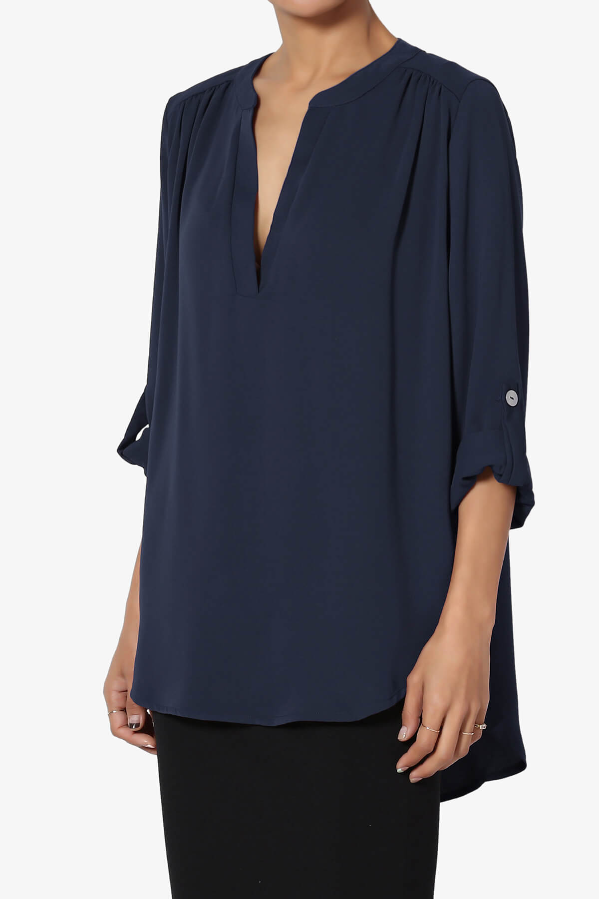 Alia Shirred Split Neck Blouse NAVY_3