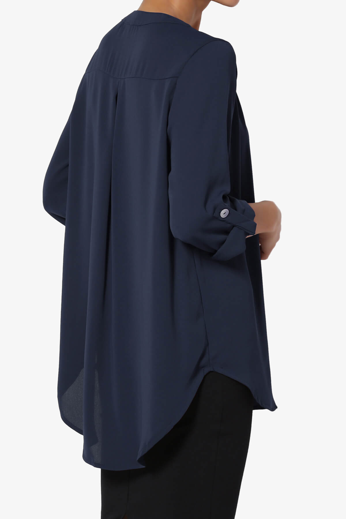 Alia Shirred Split Neck Blouse NAVY_4