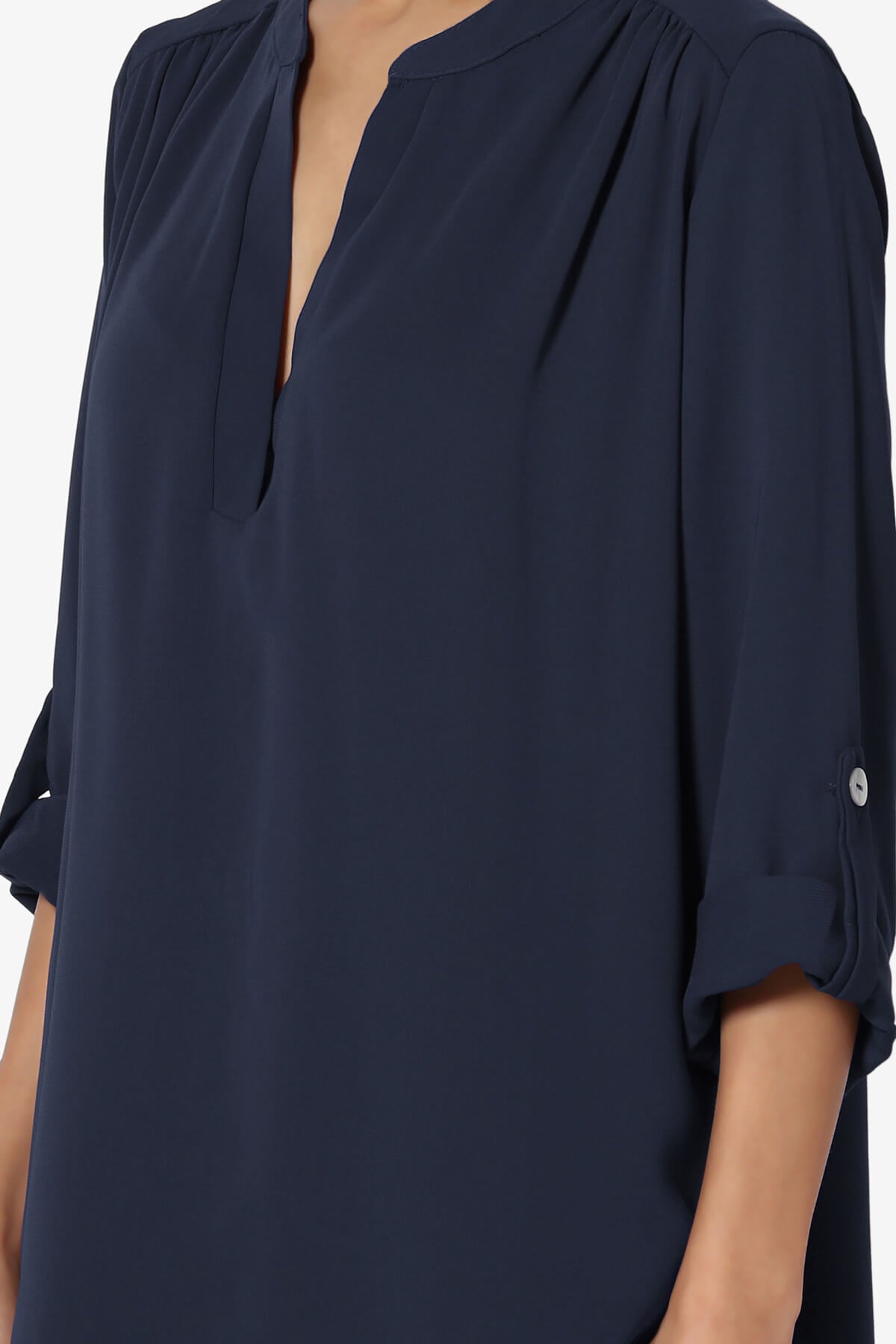 Alia Shirred Split Neck Blouse NAVY_5
