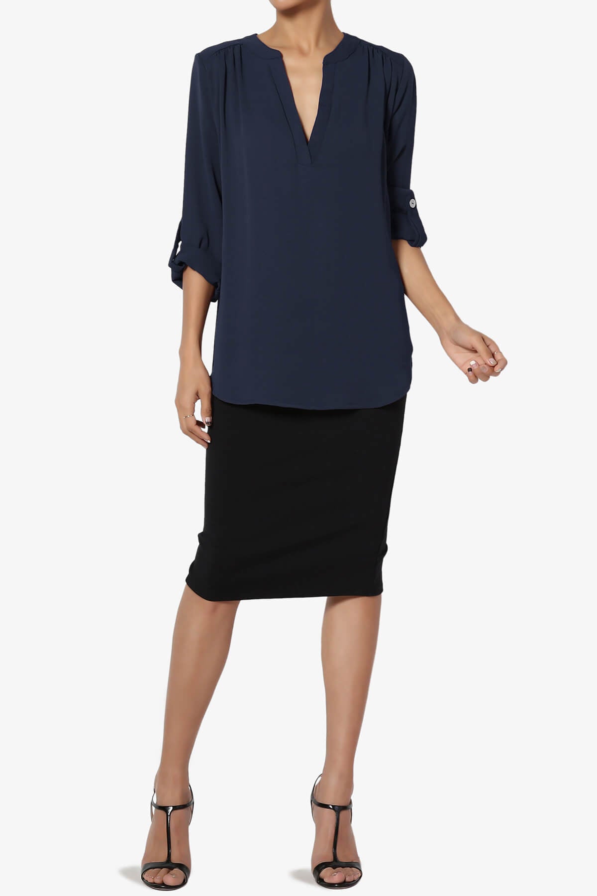 Alia Shirred Split Neck Blouse NAVY_6