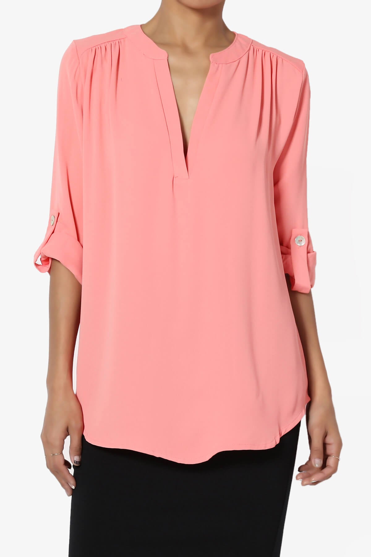 Alia Shirred Split Neck Blouse ROSE PINK_1