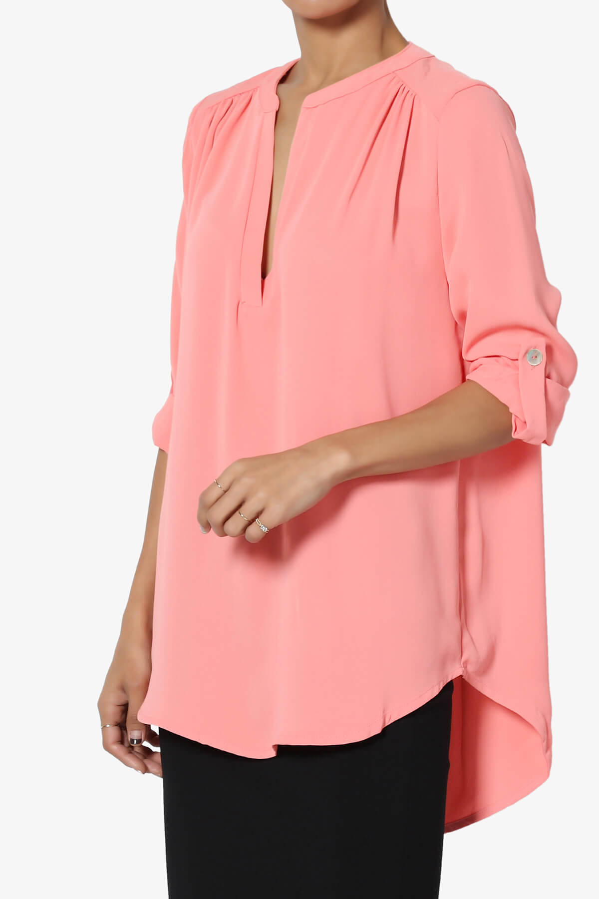Alia Shirred Split Neck Blouse ROSE PINK_3