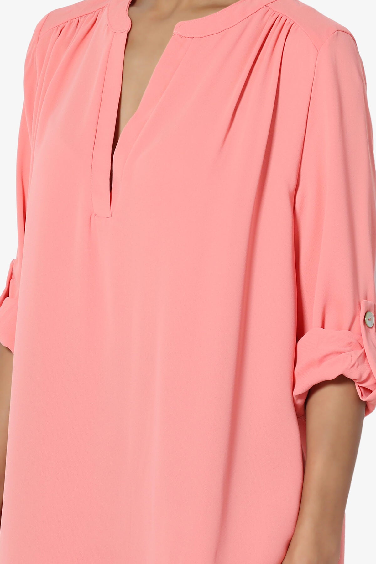 Alia Shirred Split Neck Blouse ROSE PINK_5