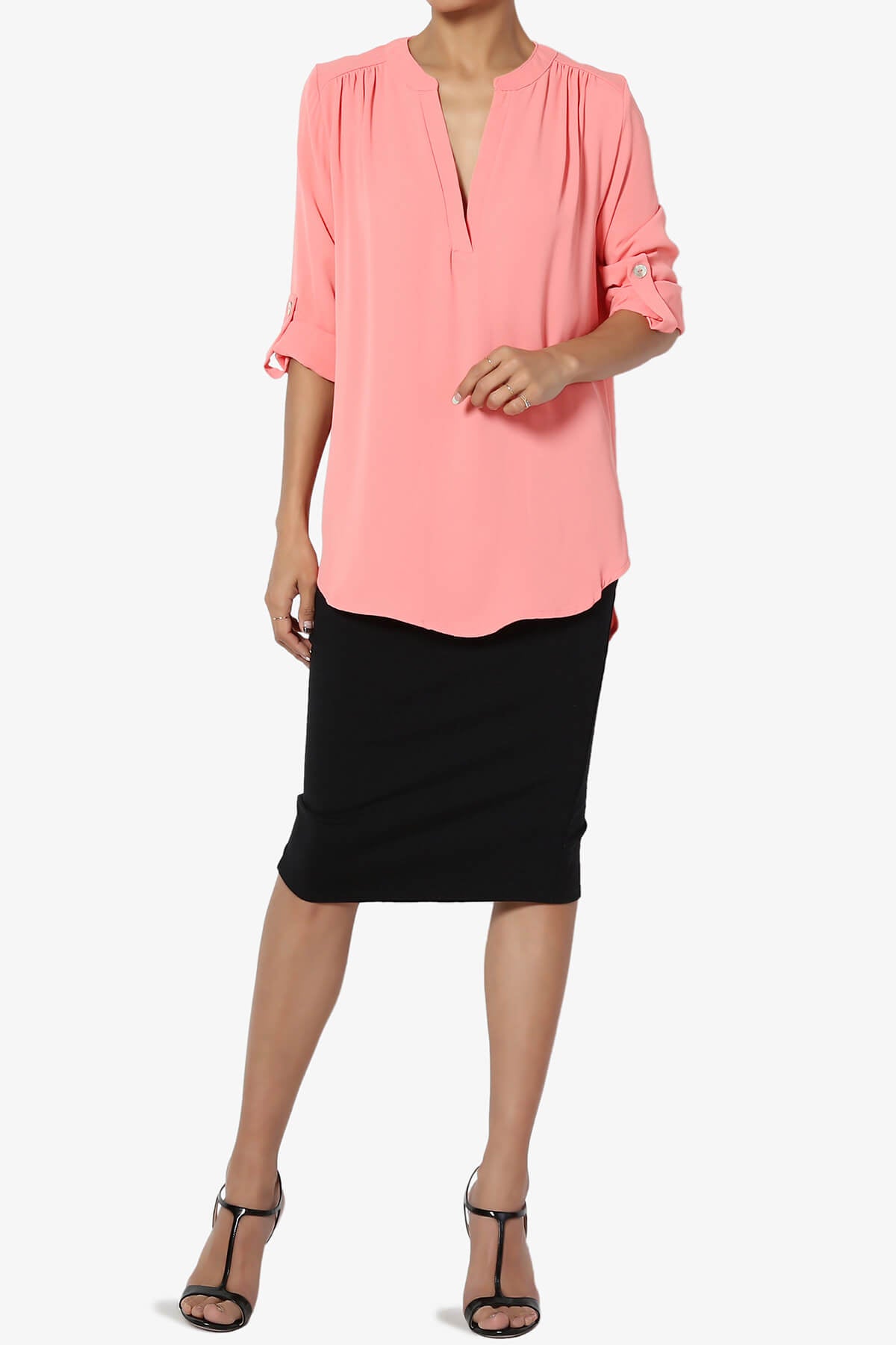Alia Shirred Split Neck Blouse ROSE PINK_6