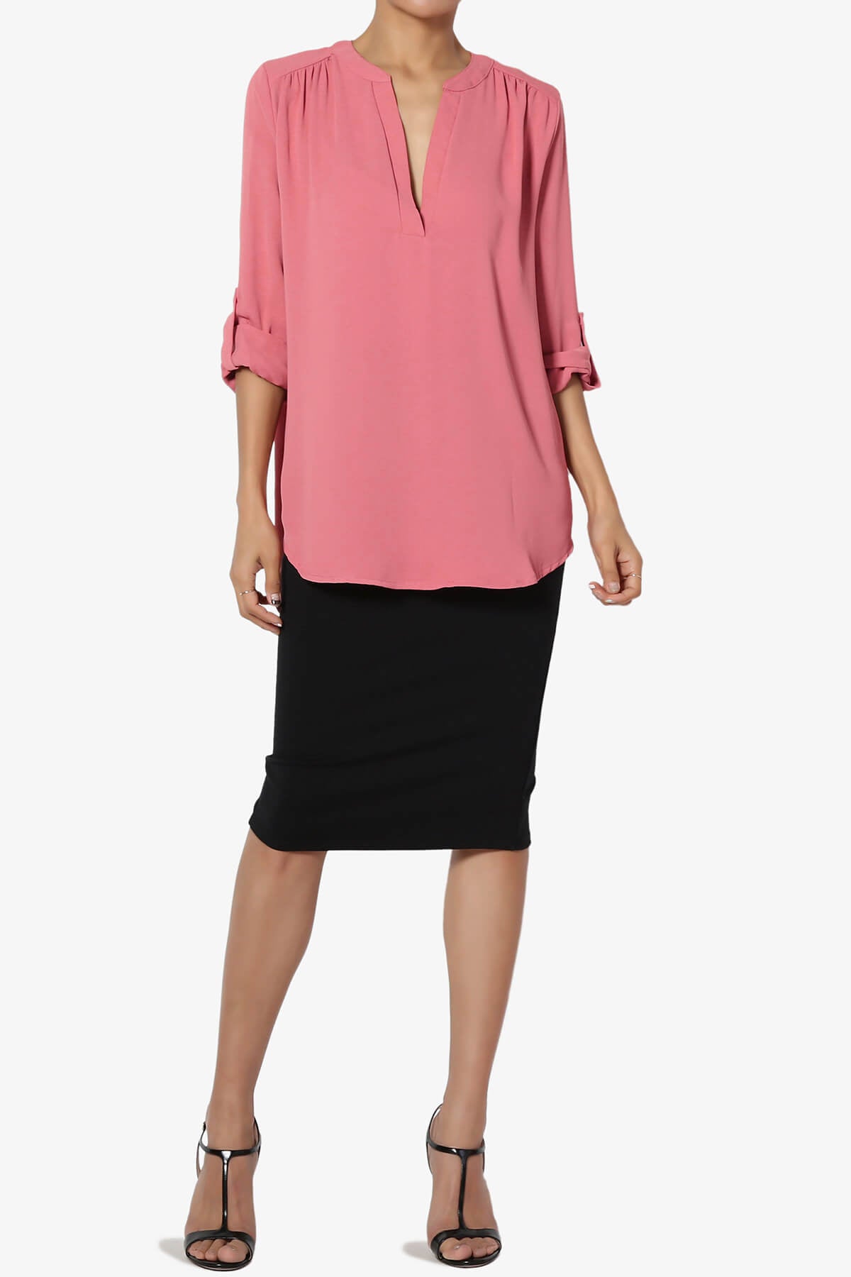 Alia Shirred Split Neck Blouse ROSE_6