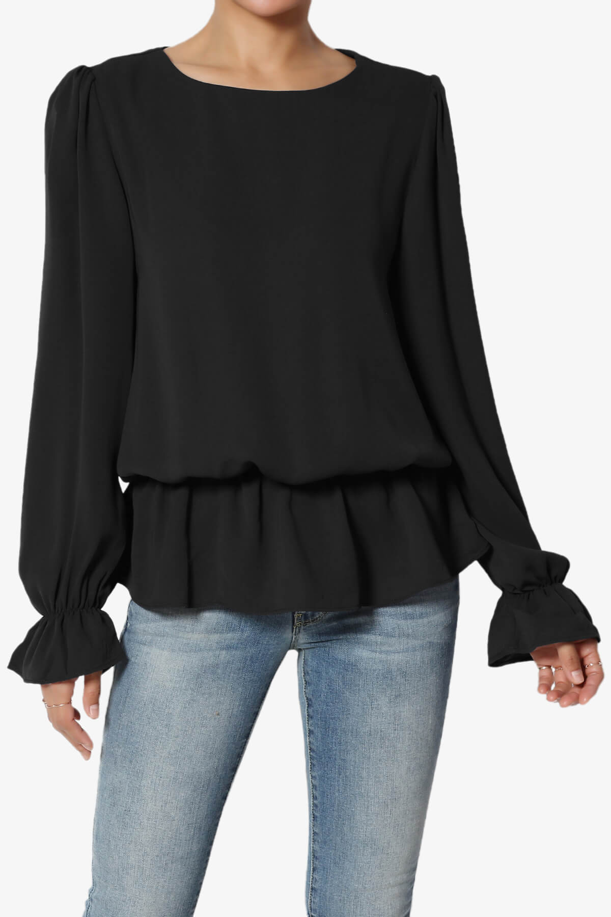 Adriel Puff Sleeve Ruffle Peplum Blouse BLACK_1
