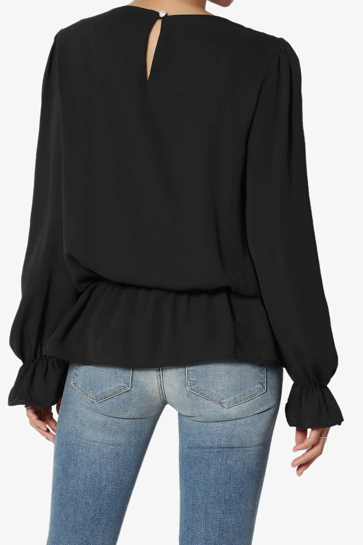 Adriel Puff Sleeve Ruffle Peplum Blouse BLACK_2