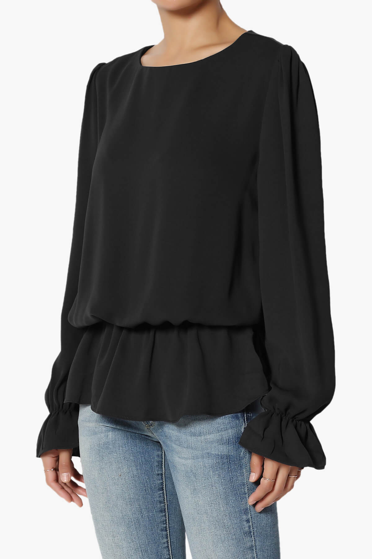Adriel Puff Sleeve Ruffle Peplum Blouse BLACK_3
