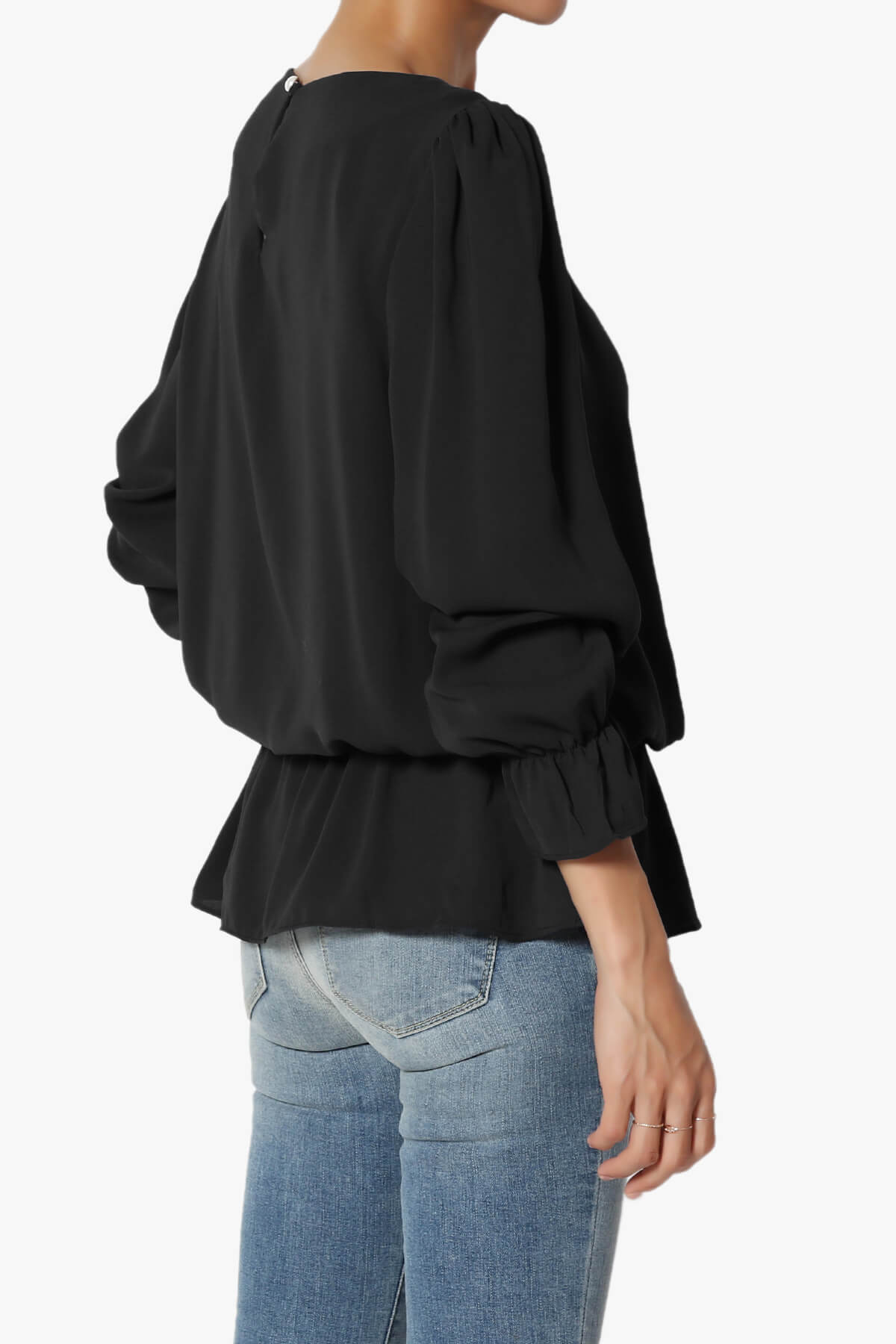 Adriel Puff Sleeve Ruffle Peplum Blouse BLACK_4