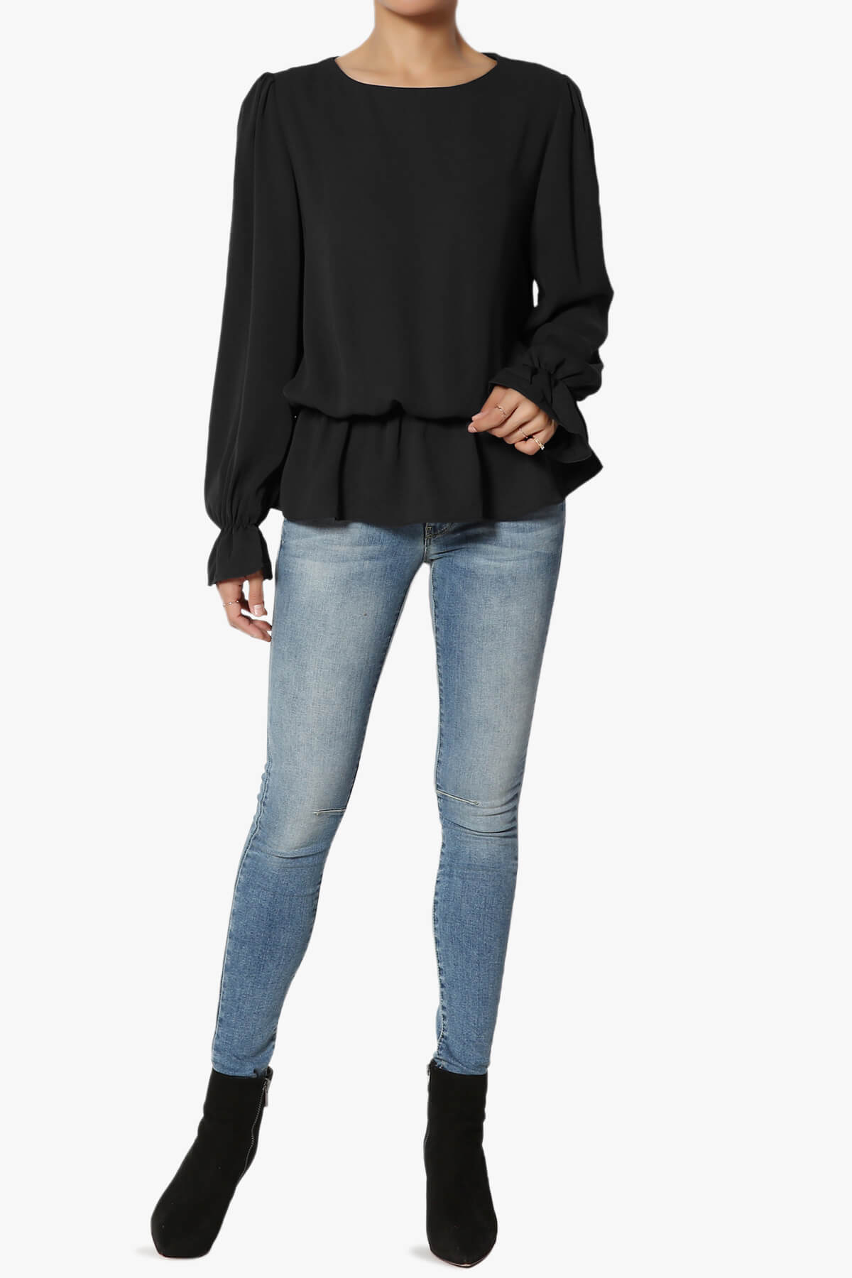 Adriel Puff Sleeve Ruffle Peplum Blouse BLACK_6