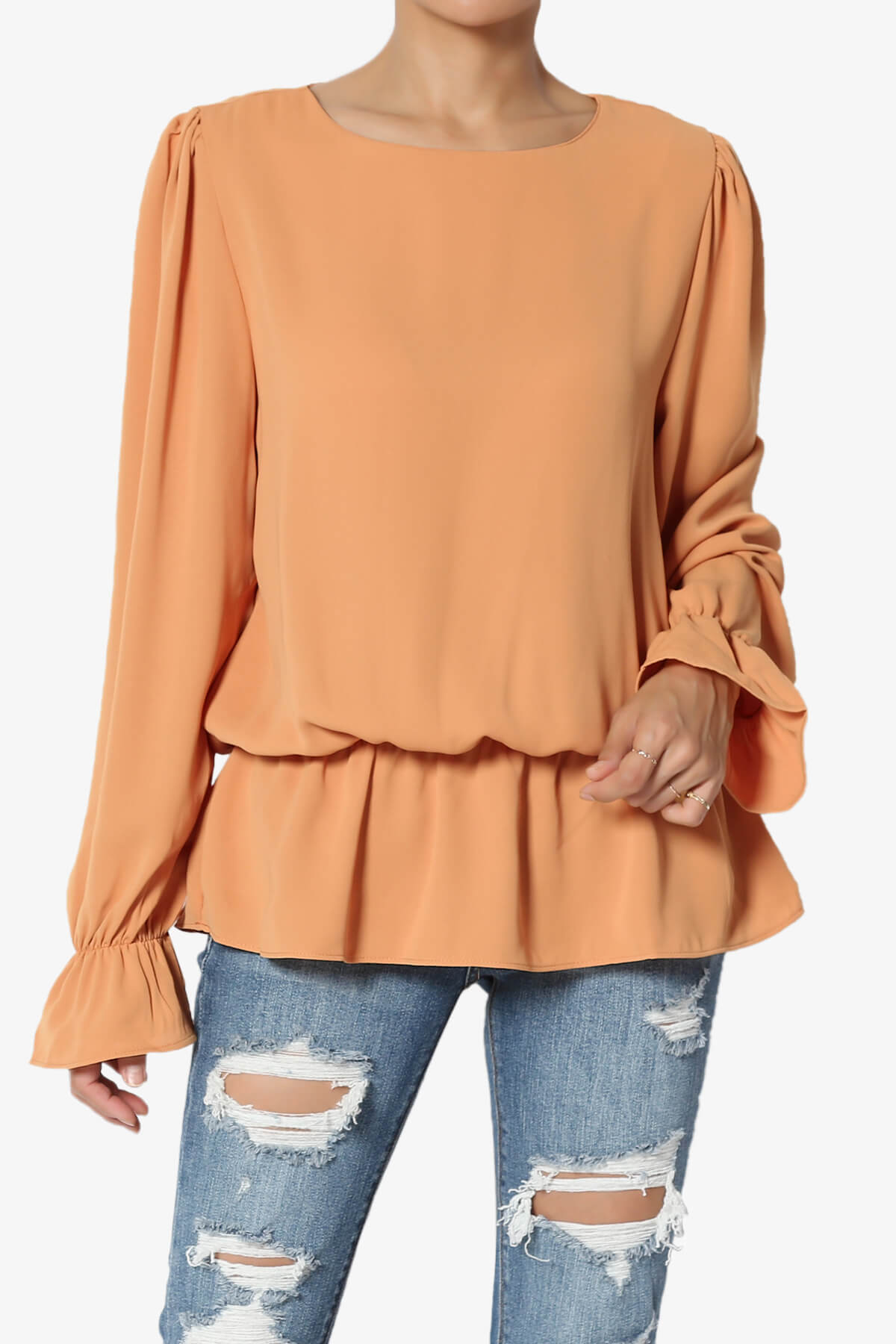 Adriel Puff Sleeve Ruffle Peplum Blouse BUTTER ORANGE_1