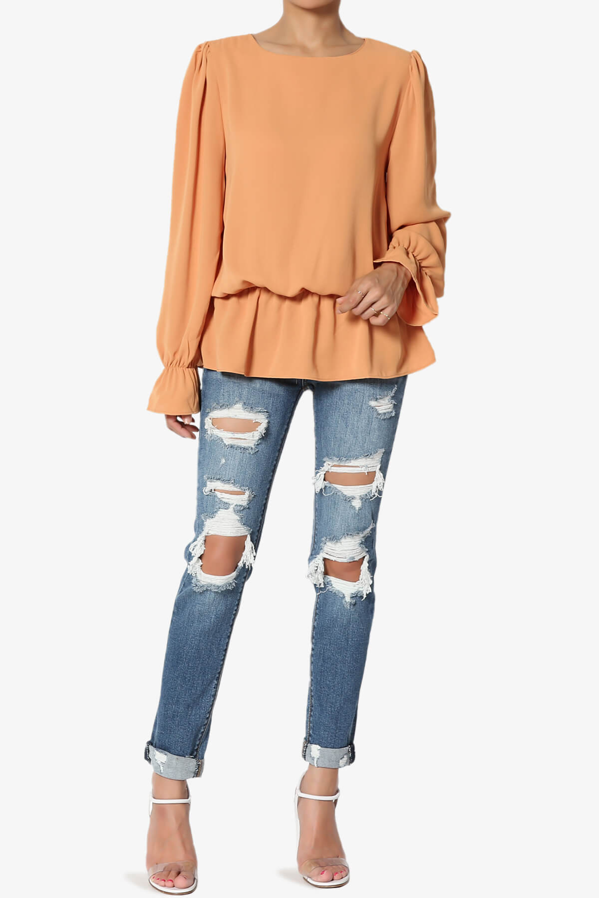 Adriel Puff Sleeve Ruffle Peplum Blouse BUTTER ORANGE_6