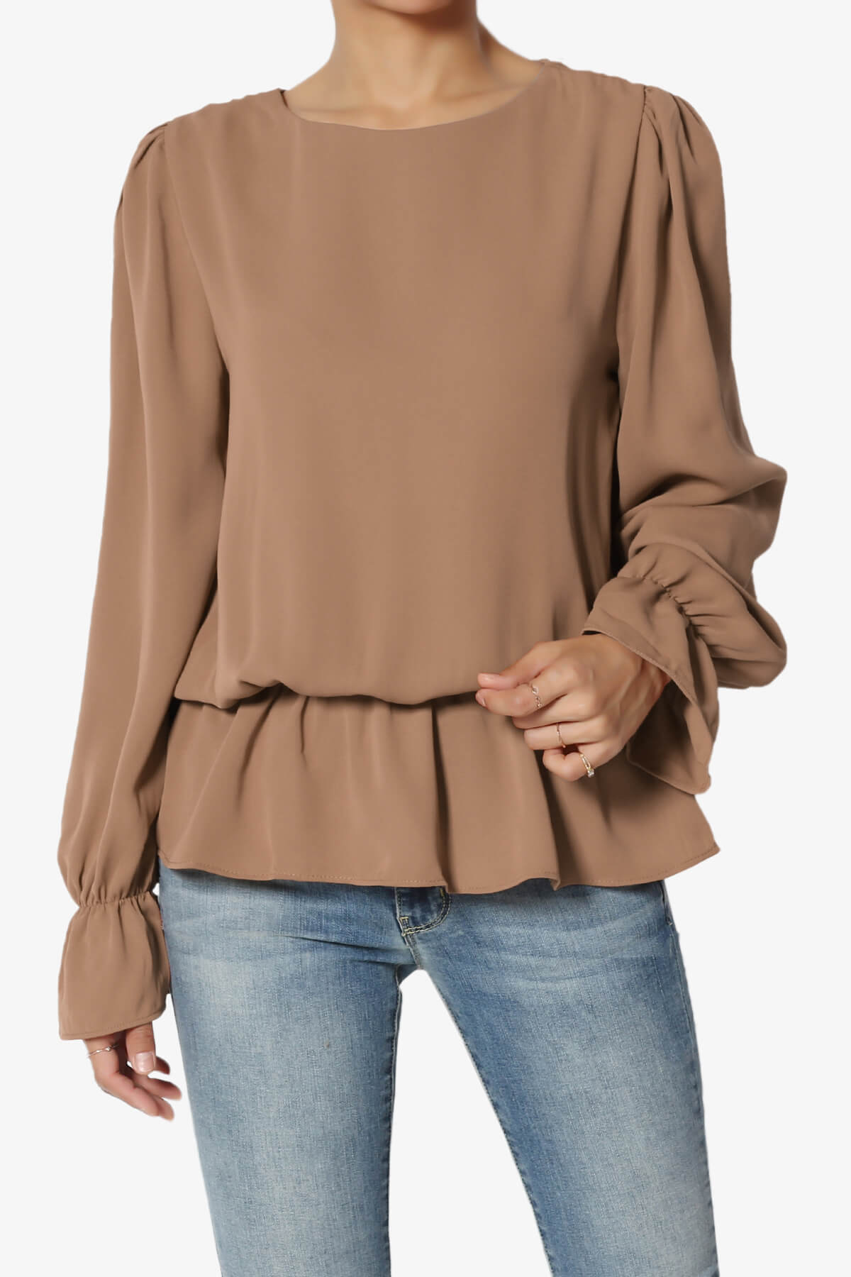 Adriel Puff Sleeve Ruffle Peplum Blouse COCOA_1