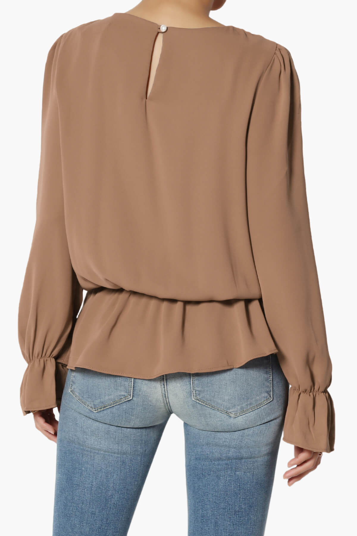 Adriel Puff Sleeve Ruffle Peplum Blouse COCOA_2