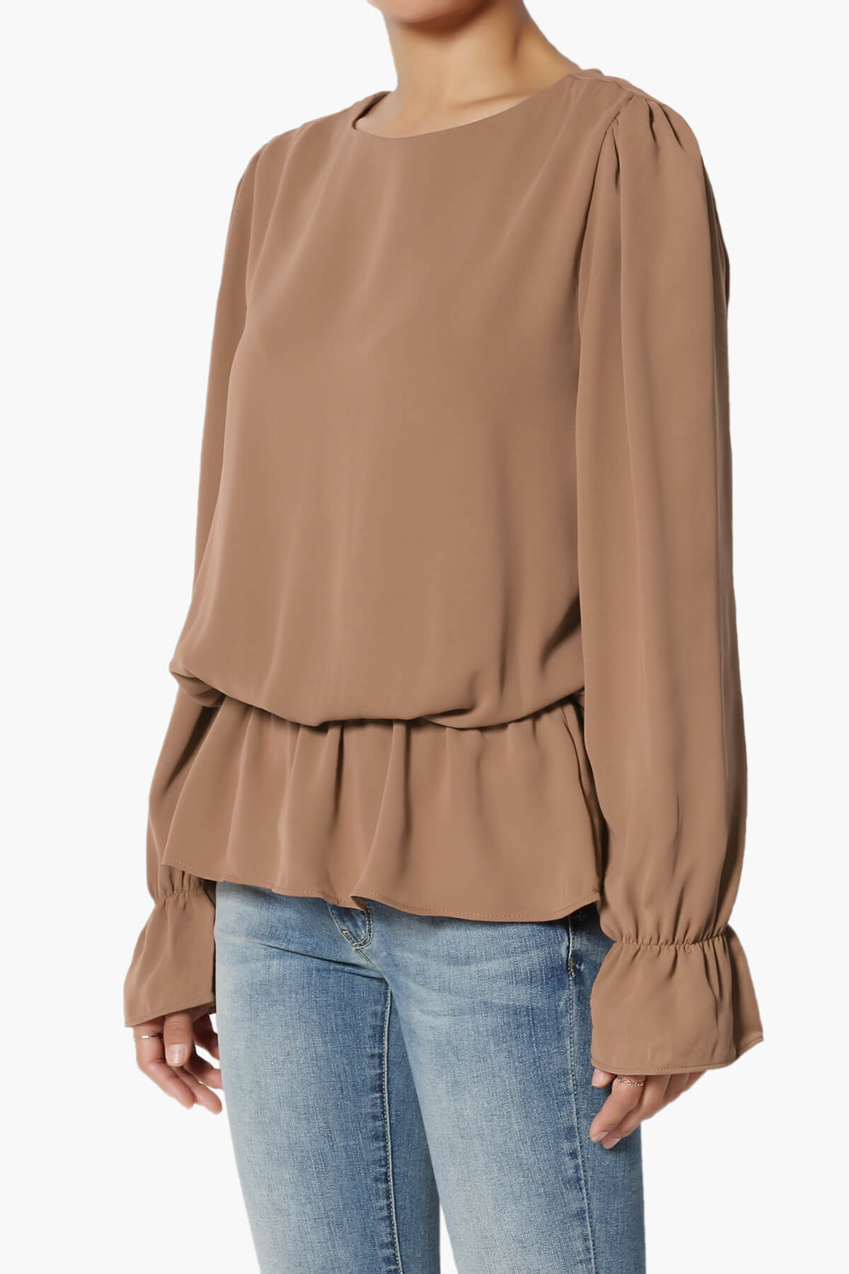 Adriel Puff Sleeve Ruffle Peplum Blouse COCOA_3
