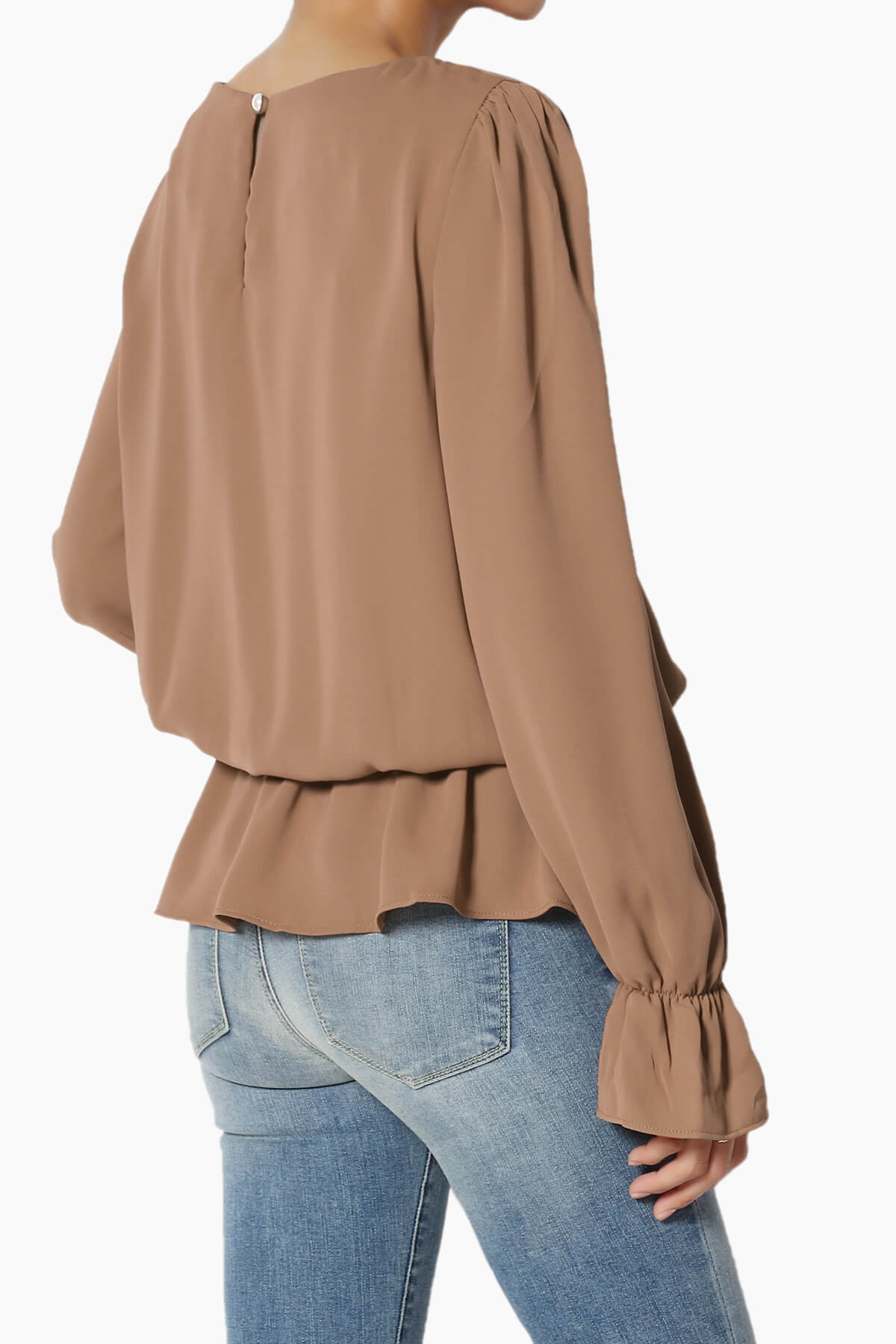 Adriel Puff Sleeve Ruffle Peplum Blouse COCOA_4